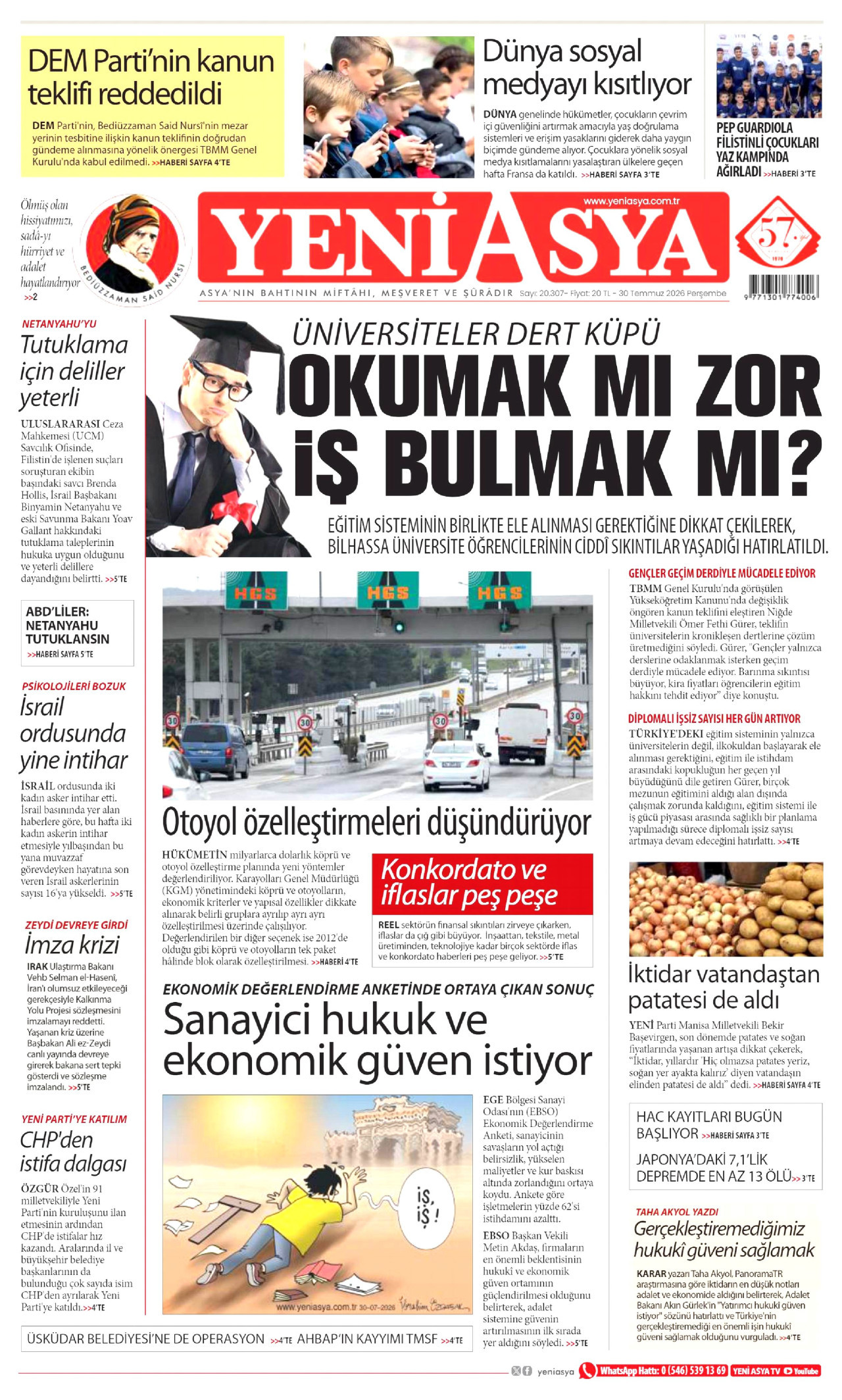 YENİ ASYA gazetesinin 30 Temmuz 2026 tarihli birinci sayfası