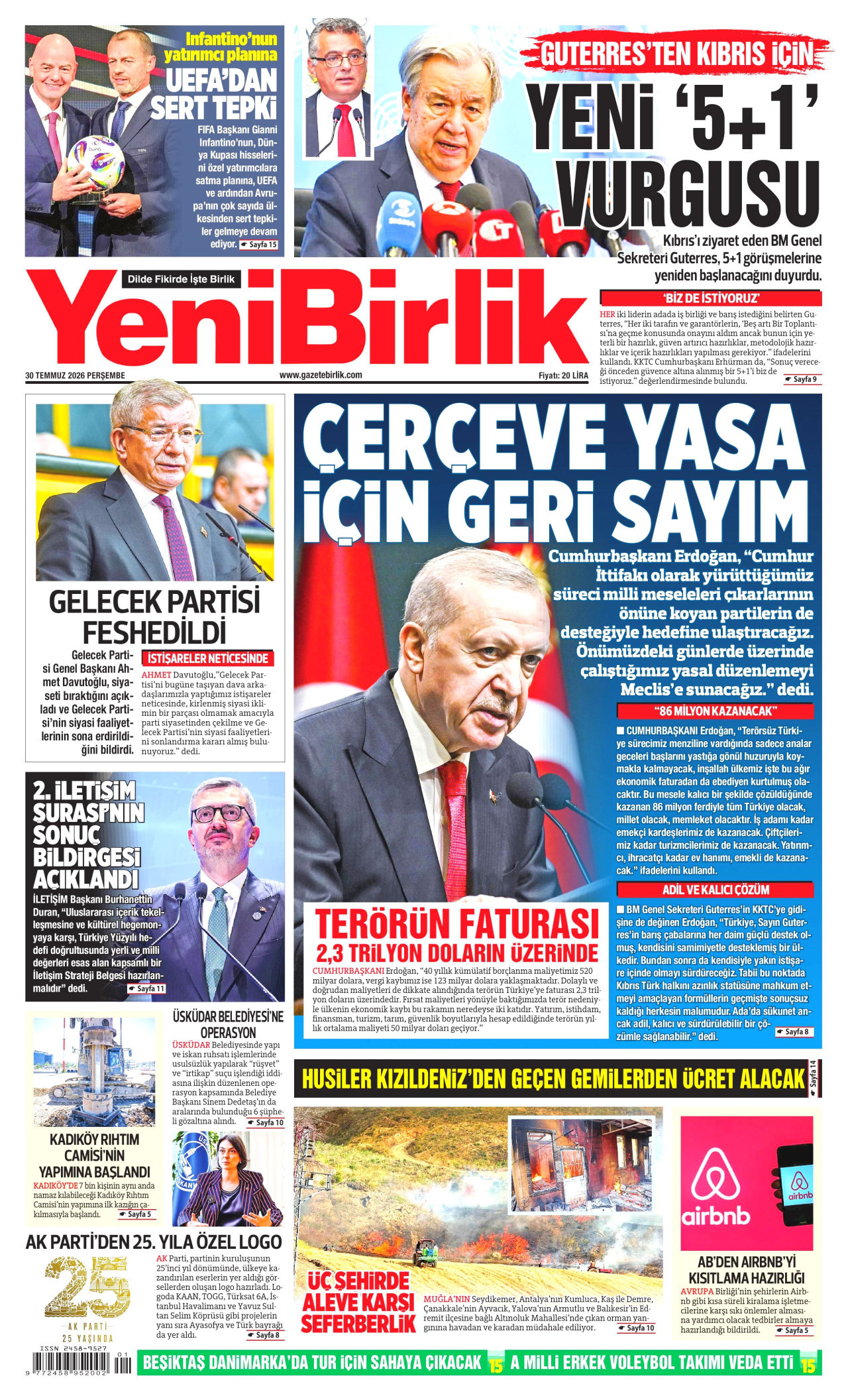 YENİBİRLİK gazetesinin 30 Temmuz 2026 tarihli birinci sayfası