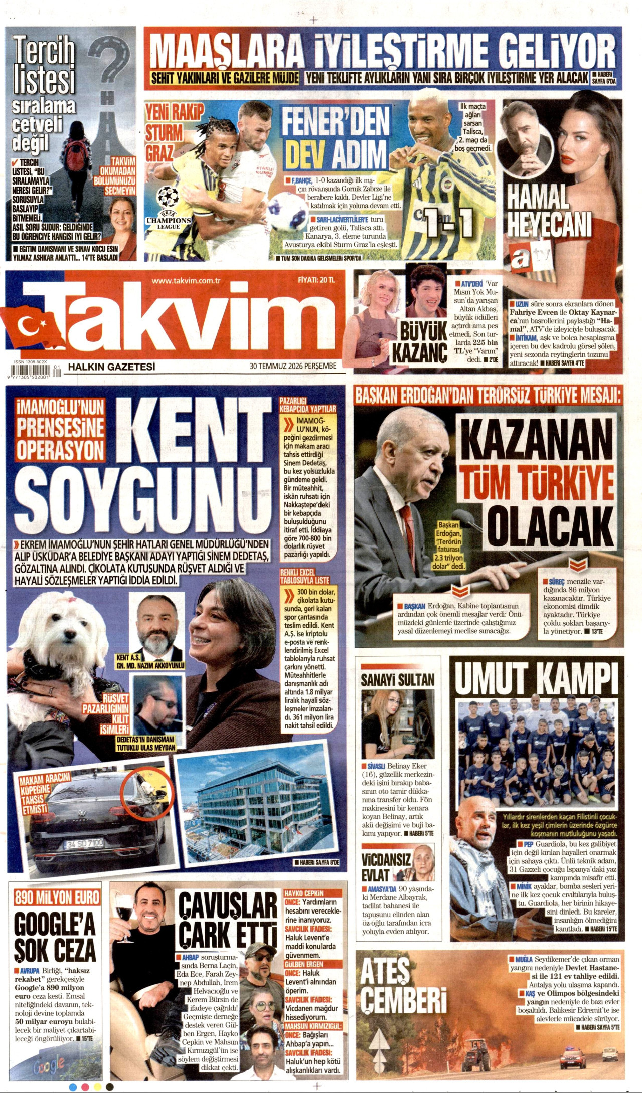 TAKVİM gazetesinin 30 Temmuz 2026 tarihli birinci sayfası