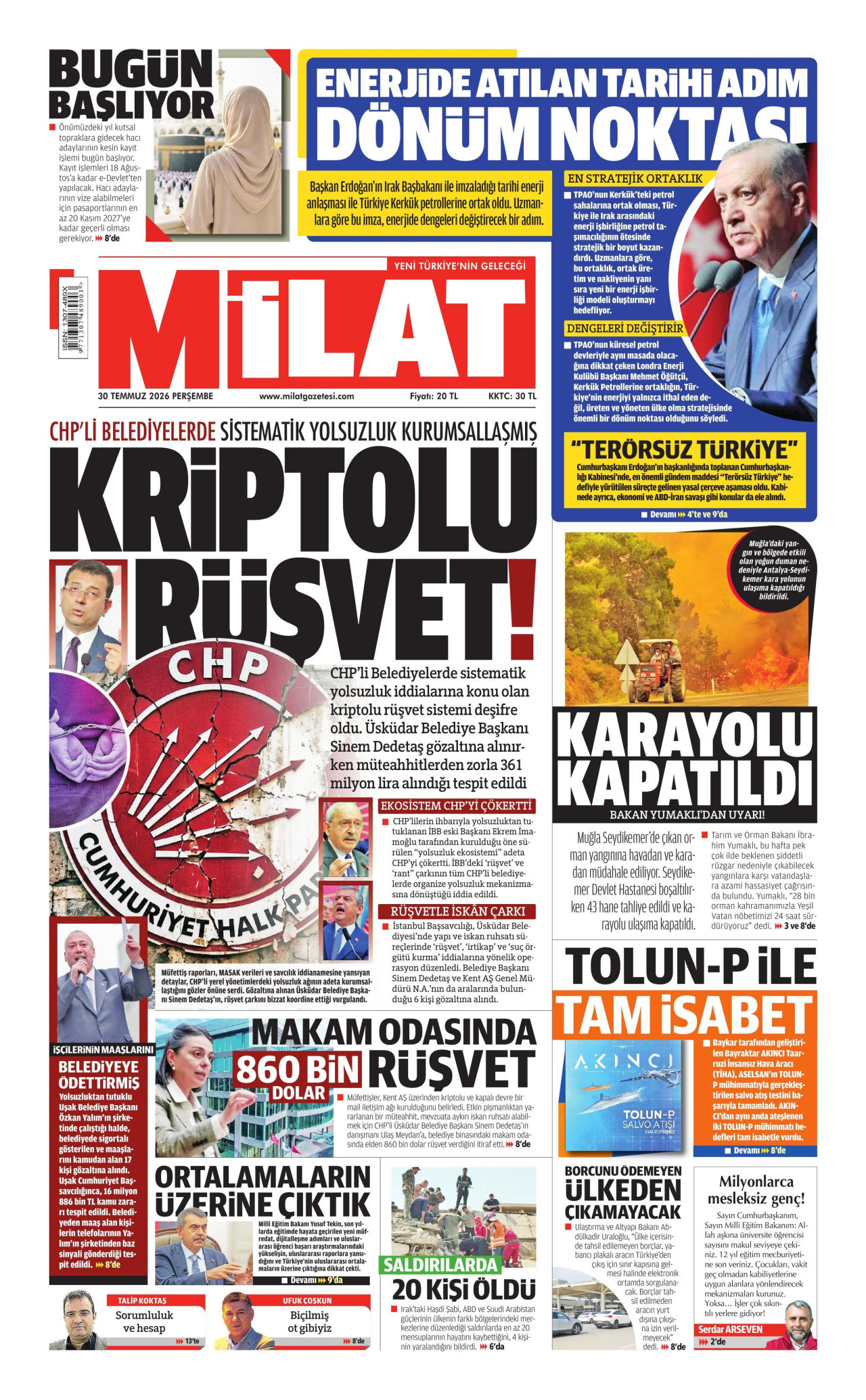 MİLAT gazetesinin 30 Temmuz 2026 tarihli birinci sayfası