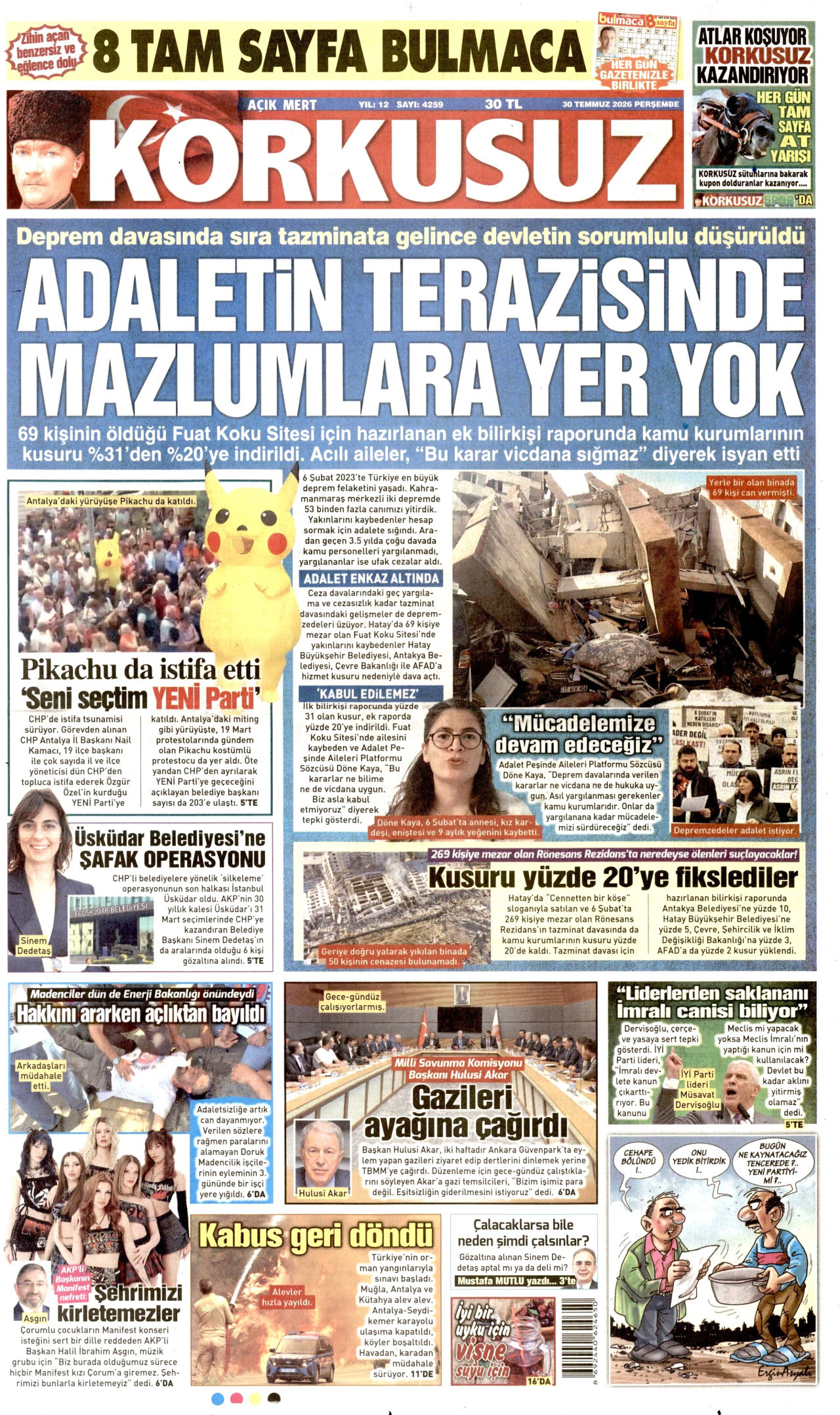 KORKUSUZ gazetesinin 30 Temmuz 2026 tarihli birinci sayfası