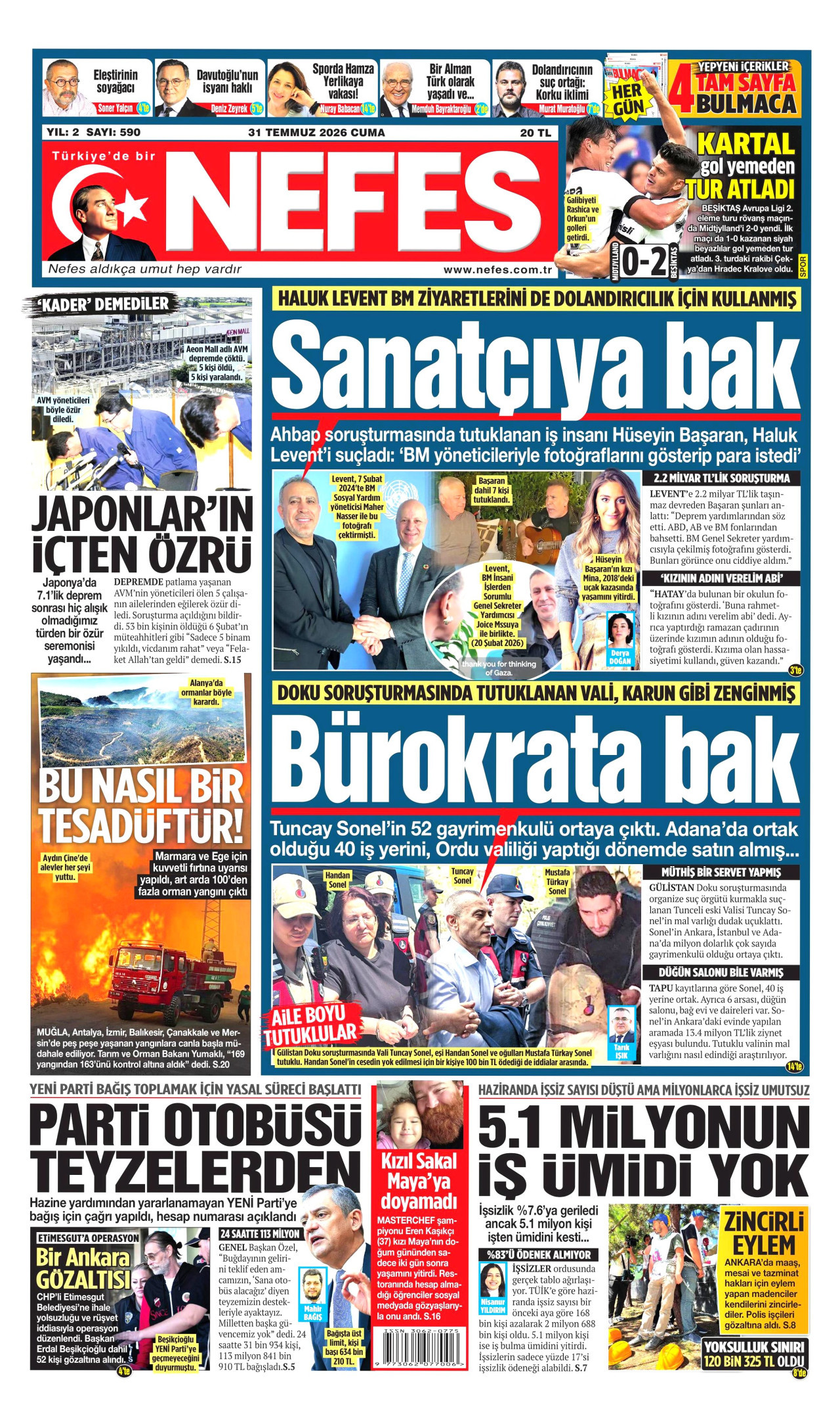 NEFES gazetesinin 31 Temmuz 2026 tarihli birinci sayfası