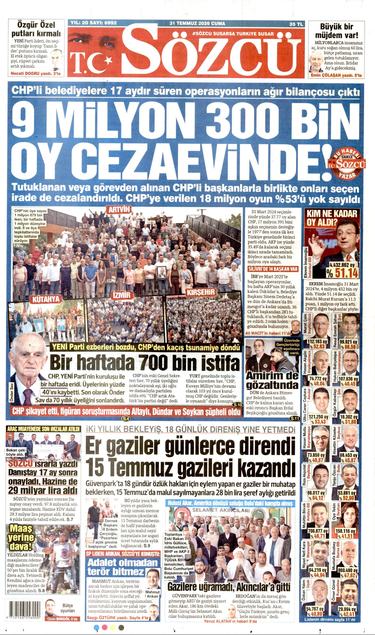 SÖZCÜ gazetesinin 31 Temmuz 2026 tarihli birinci sayfası