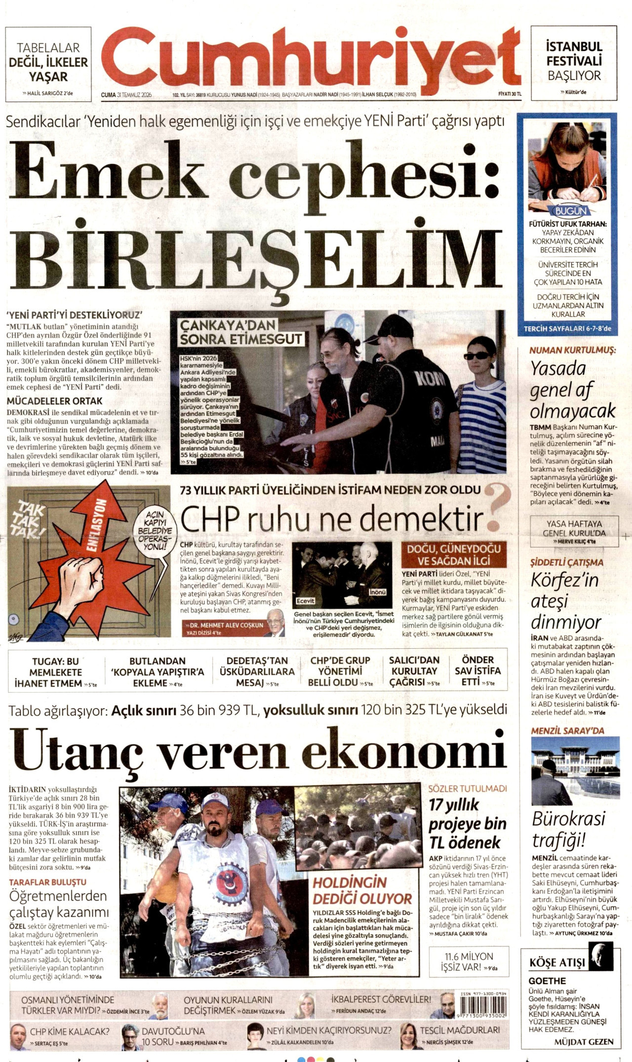 CUMHURİYET gazetesinin 31 Temmuz 2026 tarihli birinci sayfası