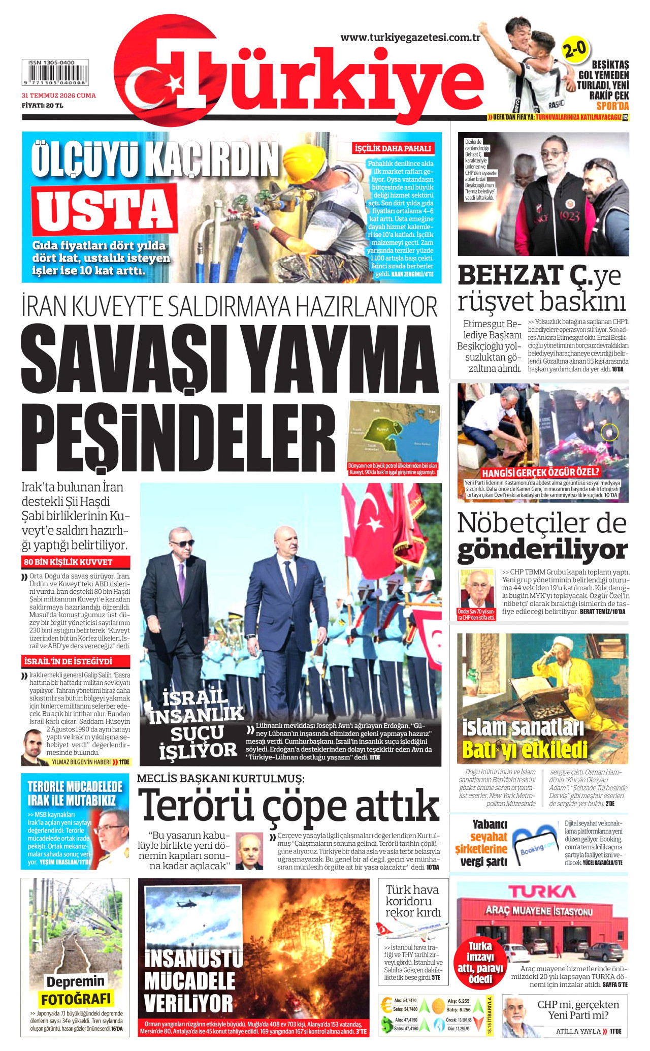 TÜRKİYE GAZETESİ gazetesinin 31 Temmuz 2026 tarihli birinci sayfası