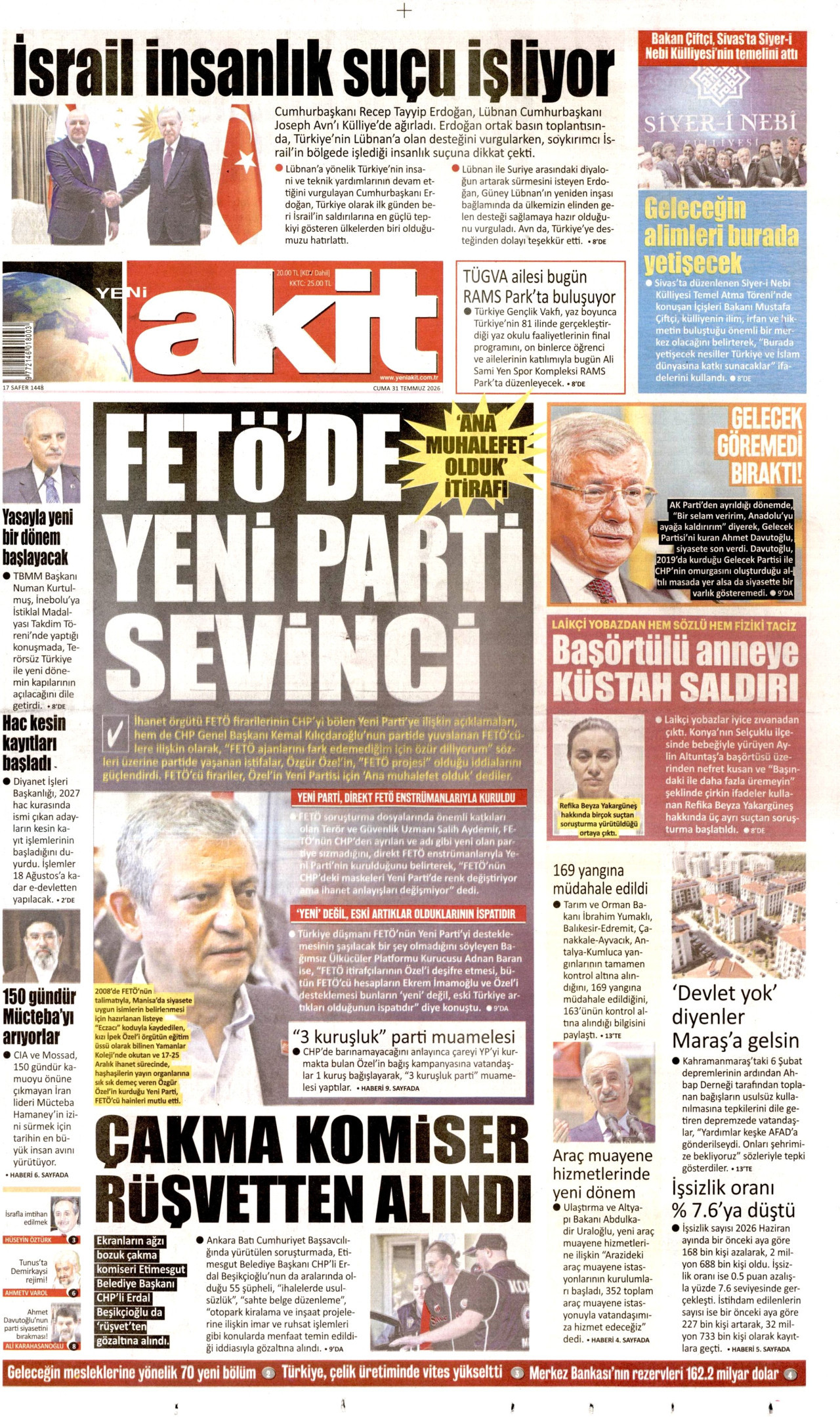 YENİ AKİT gazetesinin 31 Temmuz 2026 tarihli birinci sayfası