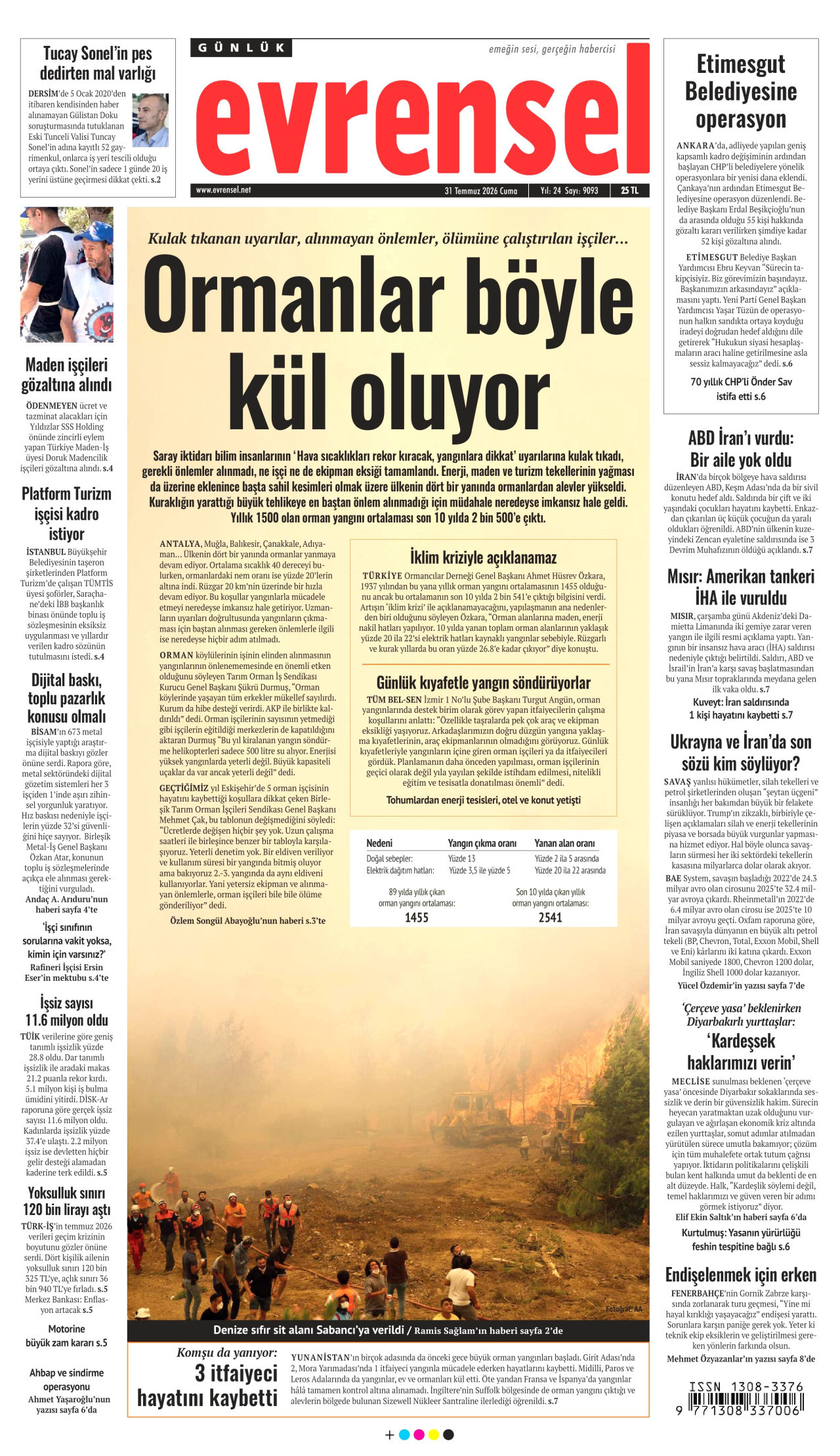 EVRENSEL gazetesinin 31 Temmuz 2026 tarihli birinci sayfası
