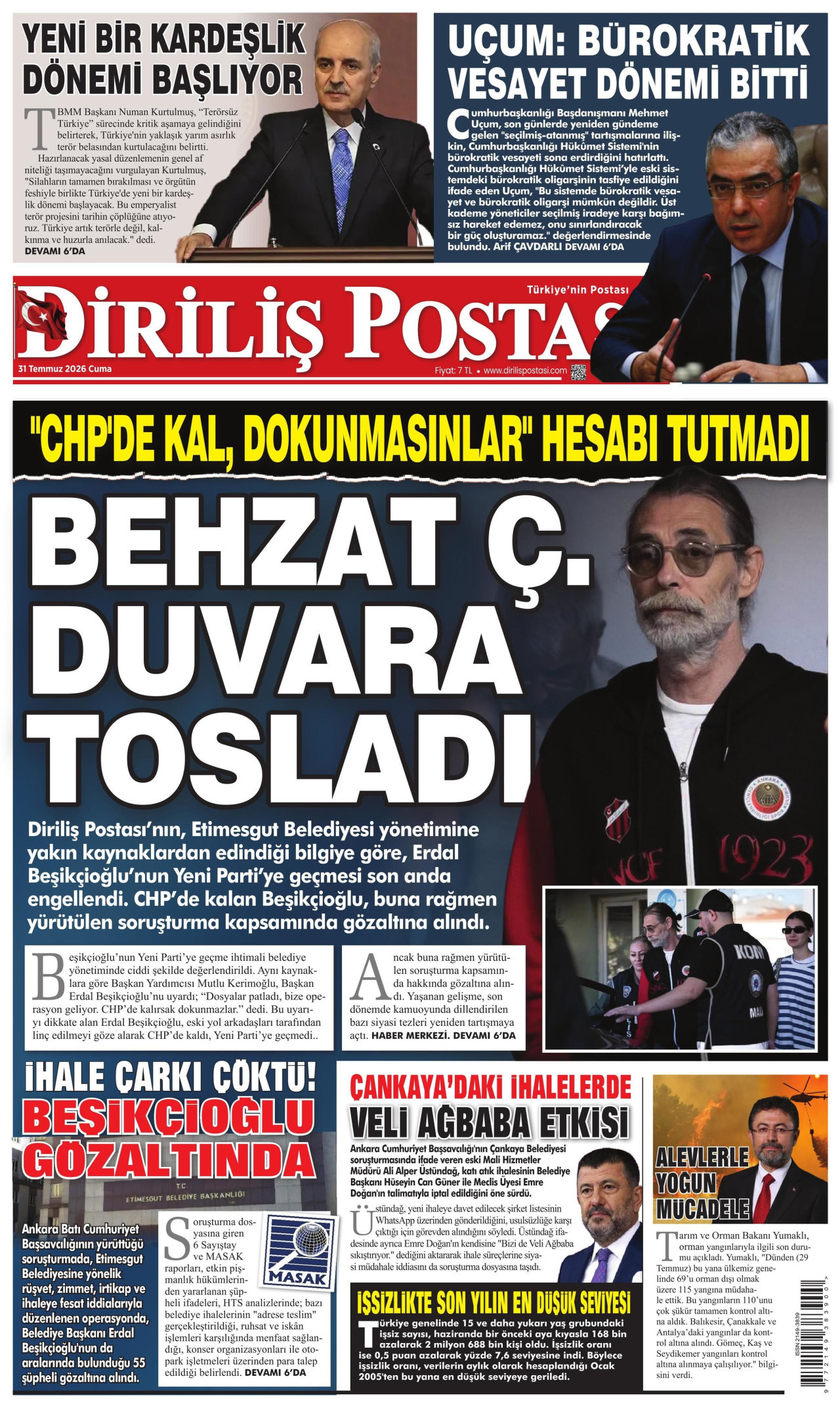 DİRİLİŞ POSTASI gazetesinin 31 Temmuz 2026 tarihli birinci sayfası