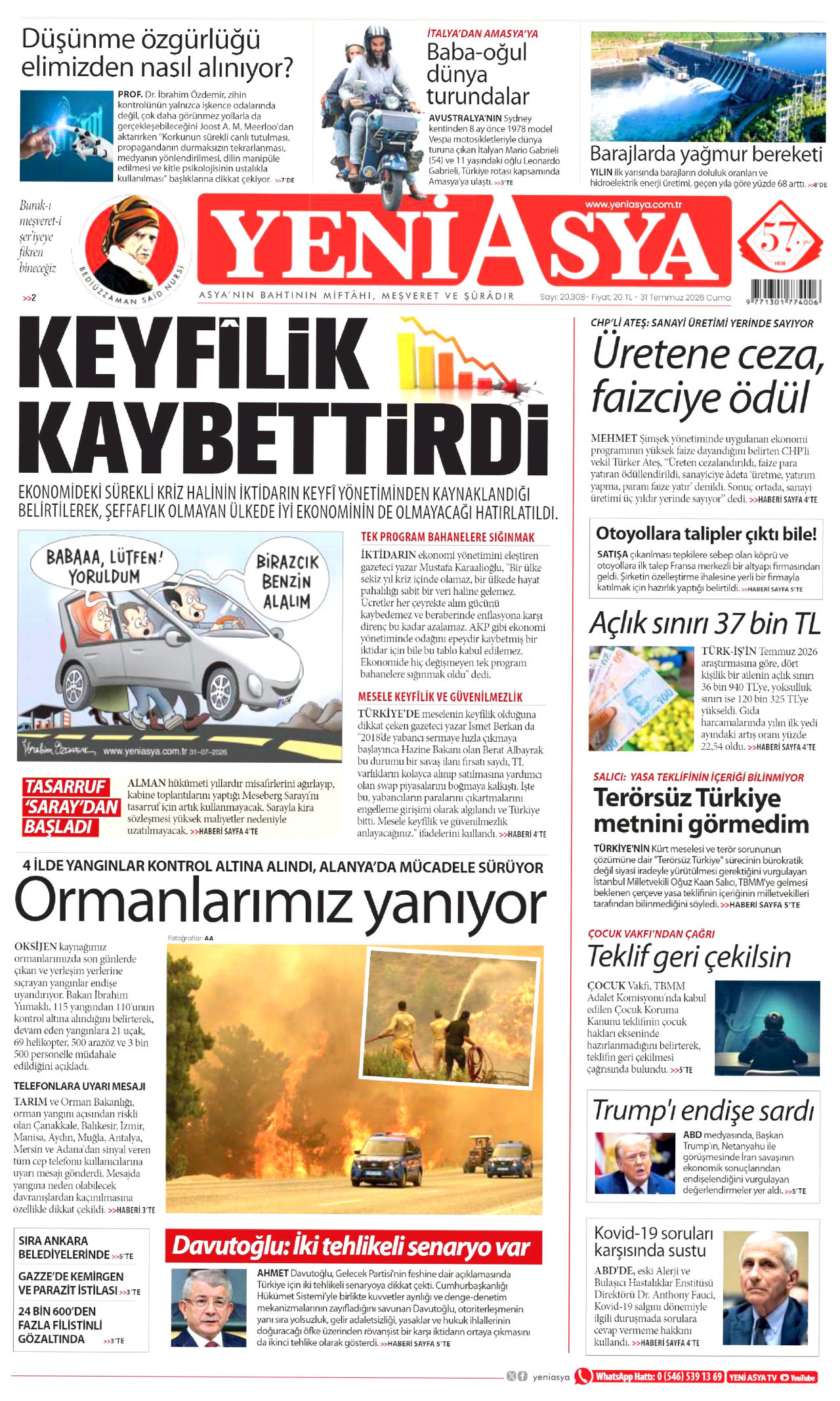 YENİ ASYA gazetesinin 31 Temmuz 2026 tarihli birinci sayfası