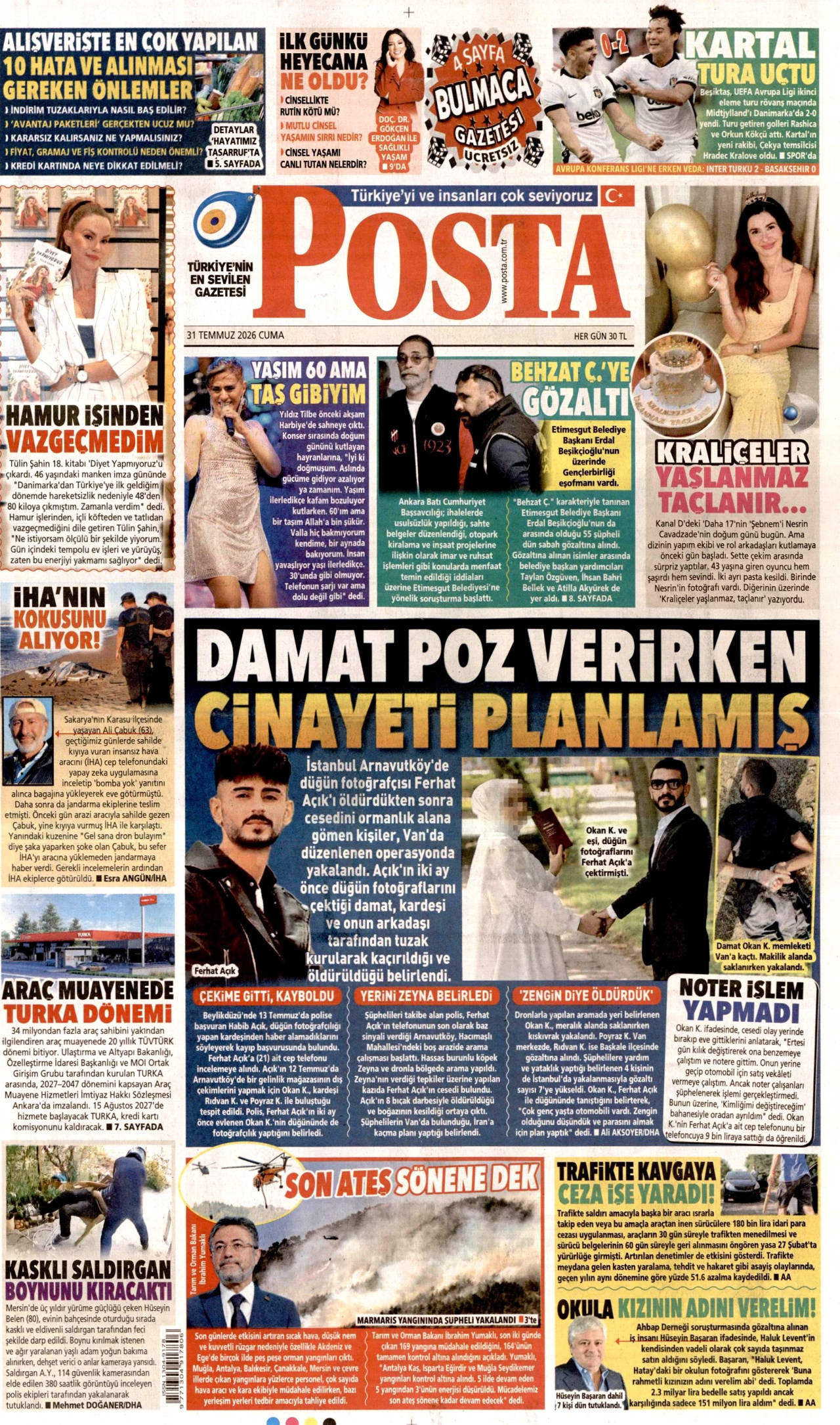 POSTA gazetesinin 31 Temmuz 2026 tarihli birinci sayfası