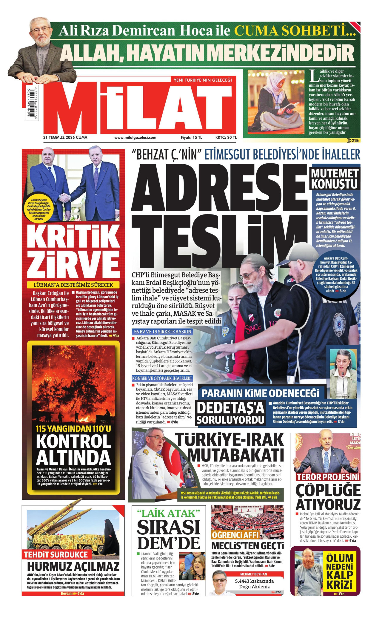 MİLAT gazetesinin 31 Temmuz 2026 tarihli birinci sayfası
