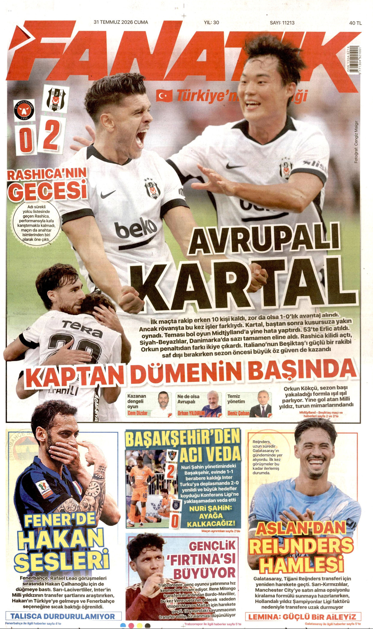 FANATİK gazetesinin 31 Temmuz 2026 tarihli birinci sayfası