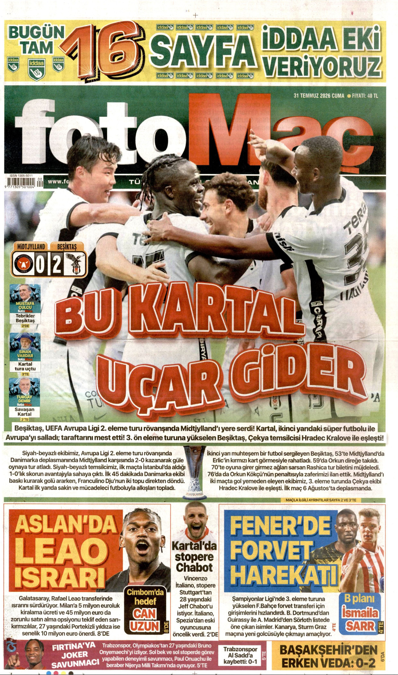 FOTOMAÇ gazetesinin 31 Temmuz 2026 tarihli birinci sayfası