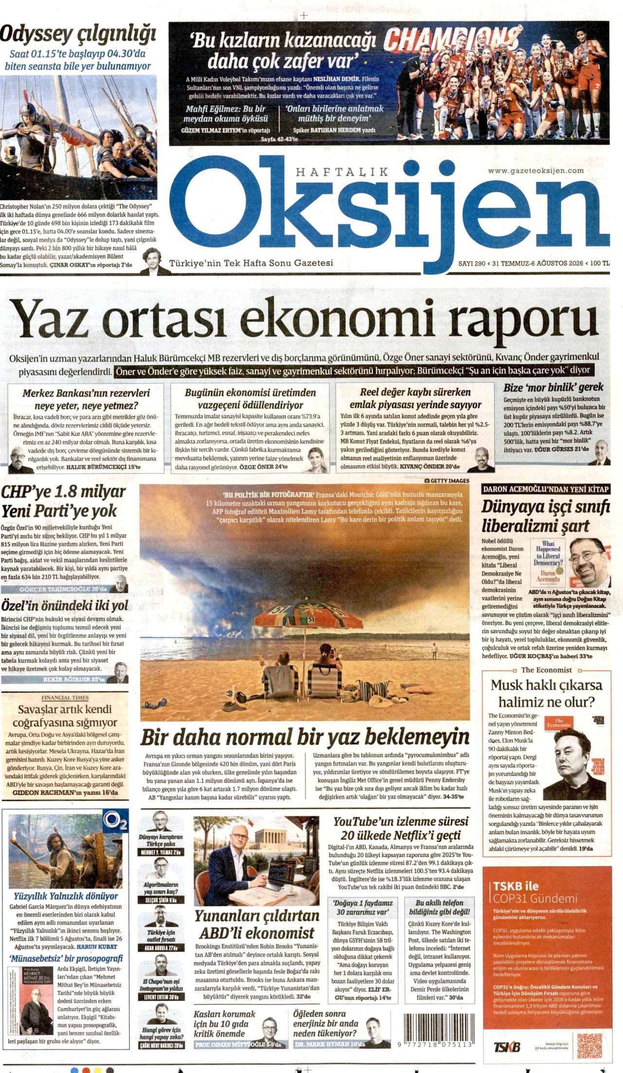 OKSİJEN gazetesinin 31 Temmuz 2026 tarihli birinci sayfası