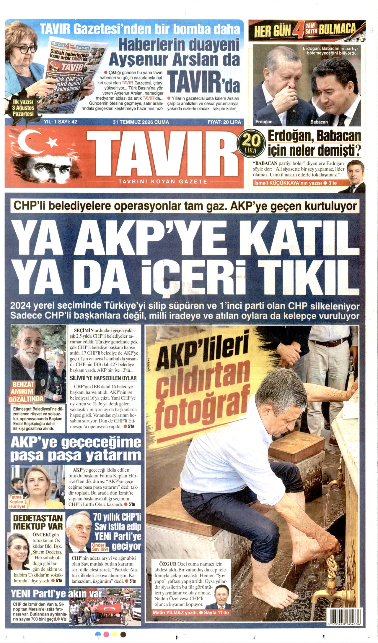 TAVIR GAZETESİ gazetesinin 31 Temmuz 2026 tarihli birinci sayfası