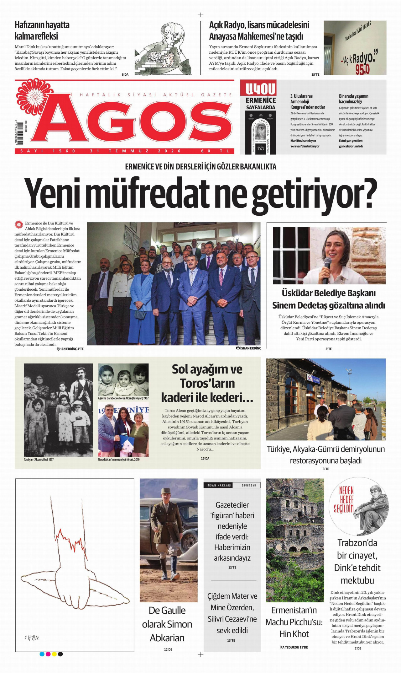 AGOS gazetesinin 31 Temmuz 2026 tarihli birinci sayfası