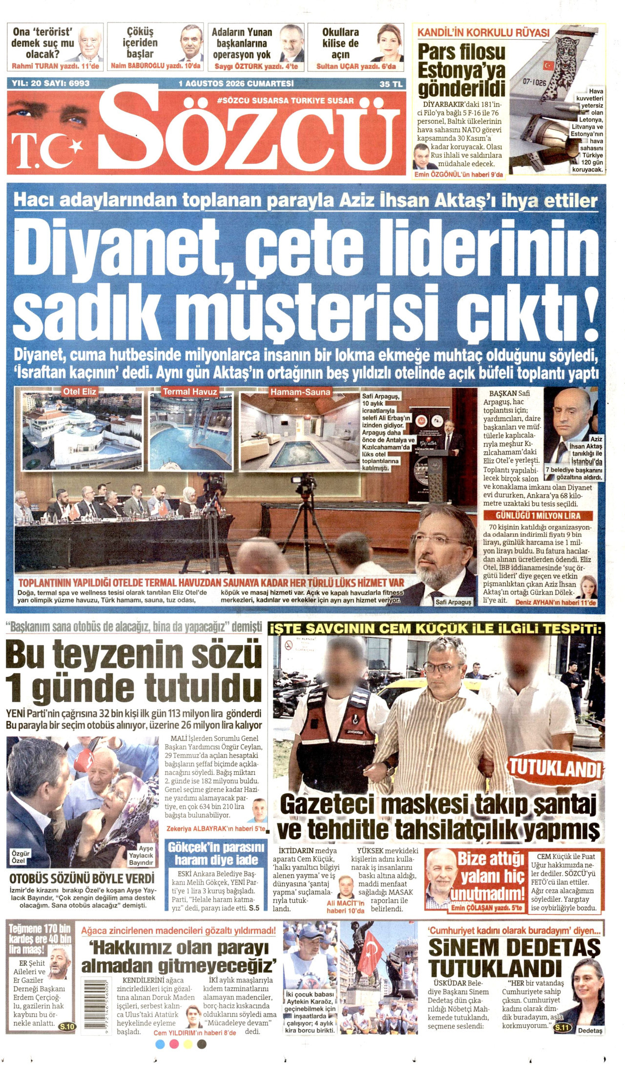 SÖZCÜ gazetesinin 1 Ağustos 2026 tarihli birinci sayfası