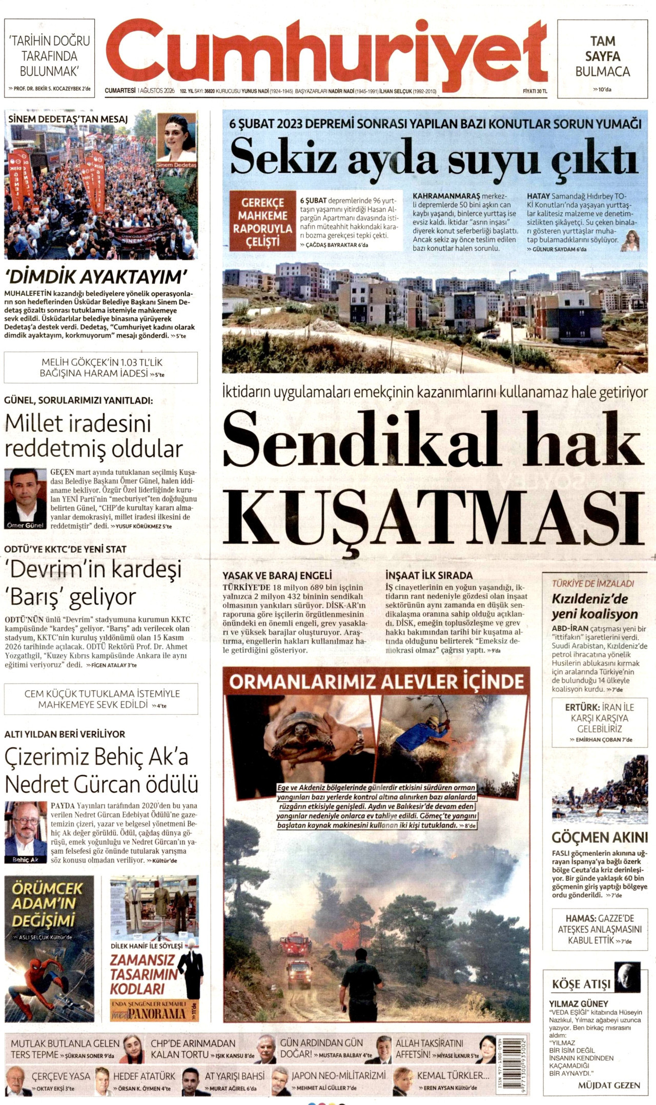 CUMHURİYET gazetesinin 1 Ağustos 2026 tarihli birinci sayfası