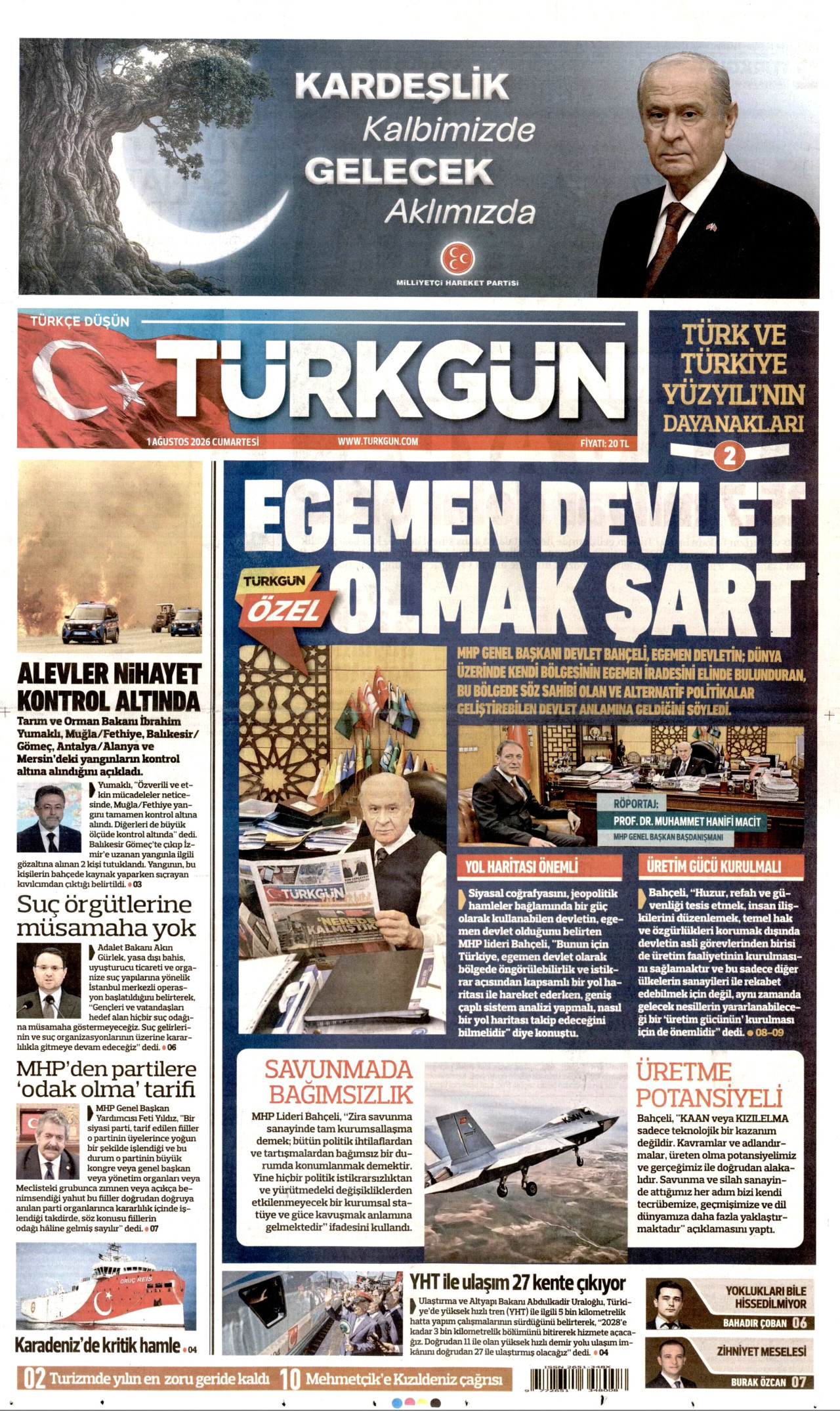 TÜRKGÜN gazetesinin 1 Ağustos 2026 tarihli birinci sayfası
