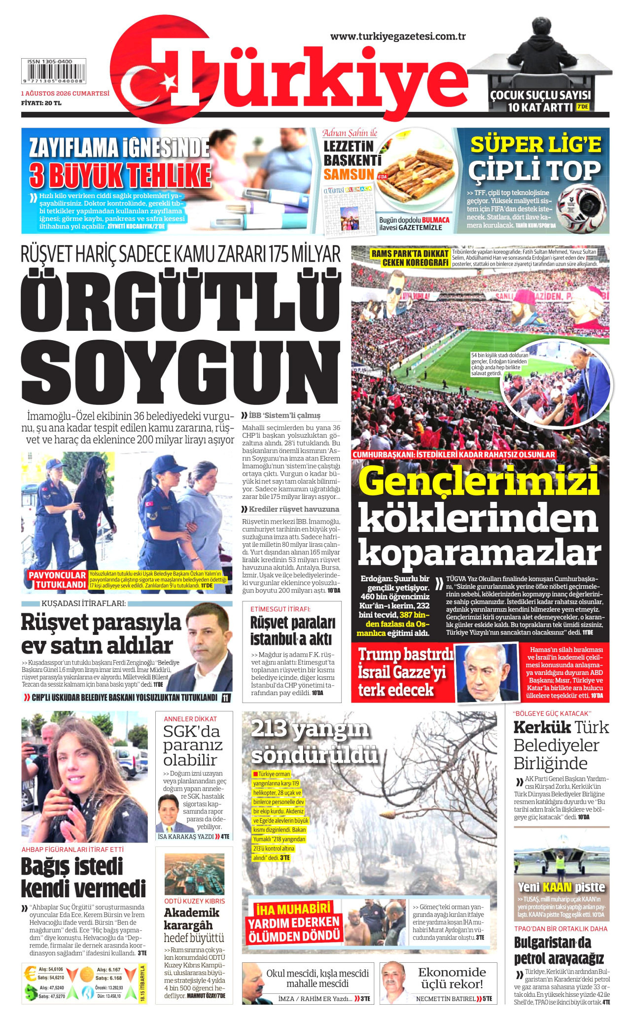 TÜRKİYE GAZETESİ gazetesinin 1 Ağustos 2026 tarihli birinci sayfası