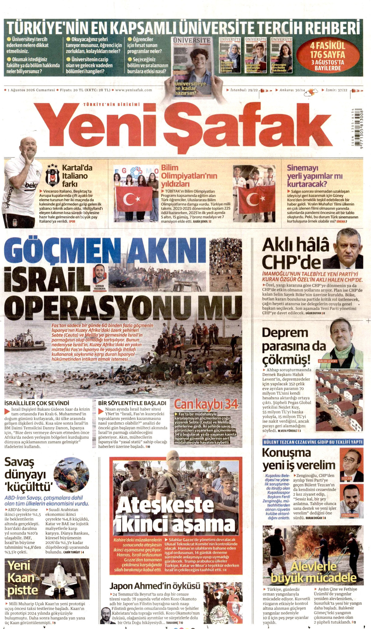 YENİ ŞAFAK gazetesinin 1 Ağustos 2026 tarihli birinci sayfası