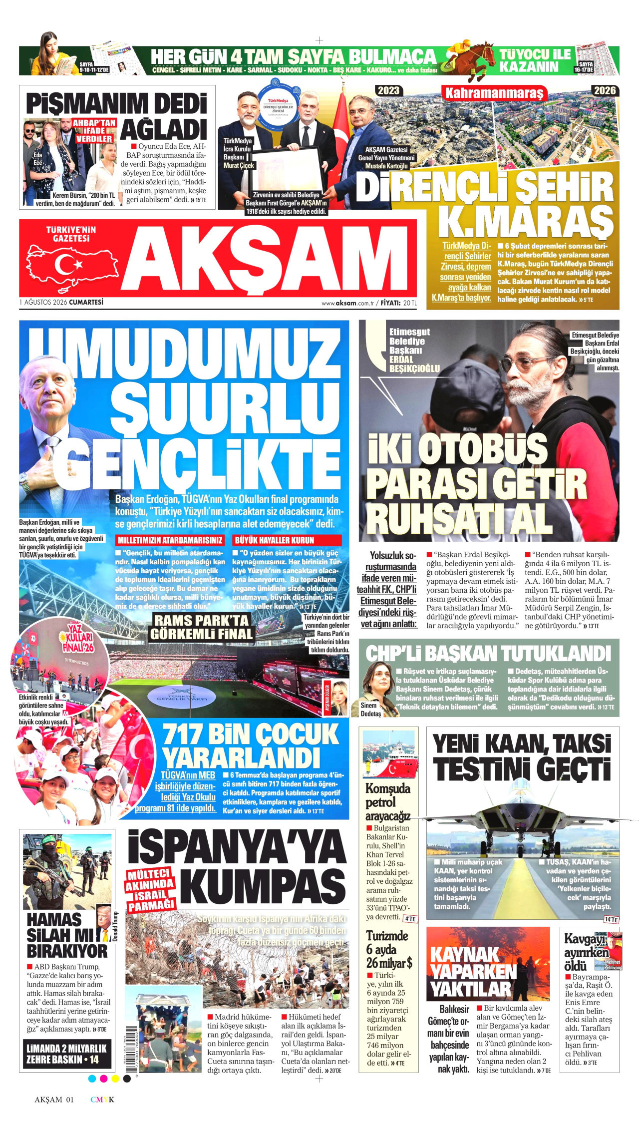 AKŞAM gazetesinin 1 Ağustos 2026 tarihli birinci sayfası