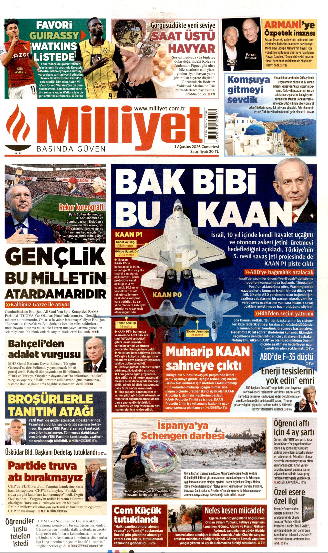 MİLLİYET gazetesinin 1 Ağustos 2026 tarihli birinci sayfası