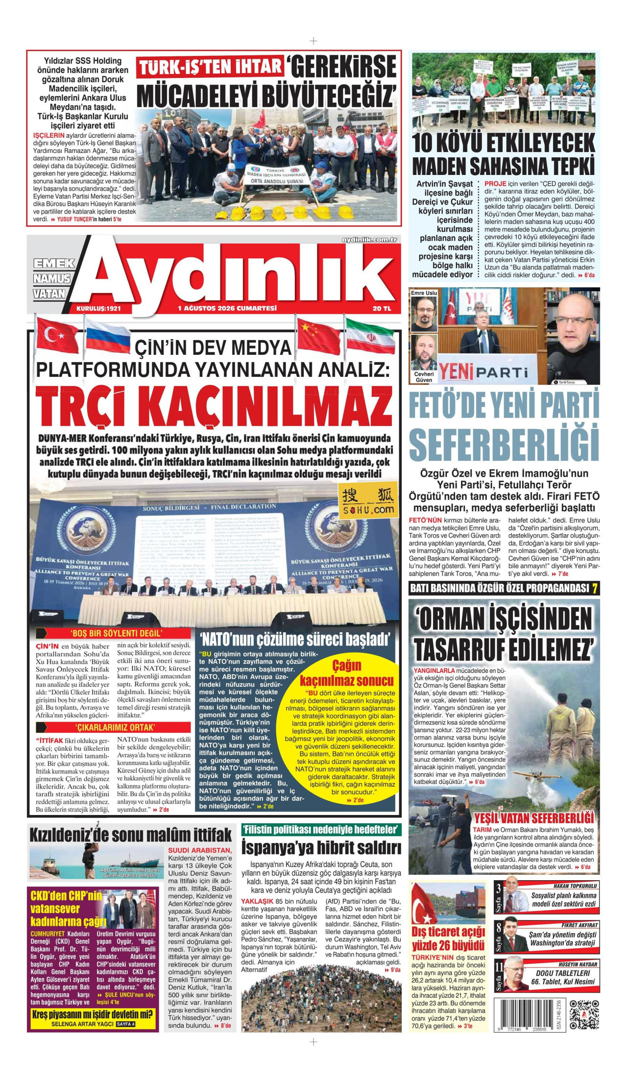 AYDINLIK GAZETESİ gazetesinin 1 Ağustos 2026 tarihli birinci sayfası