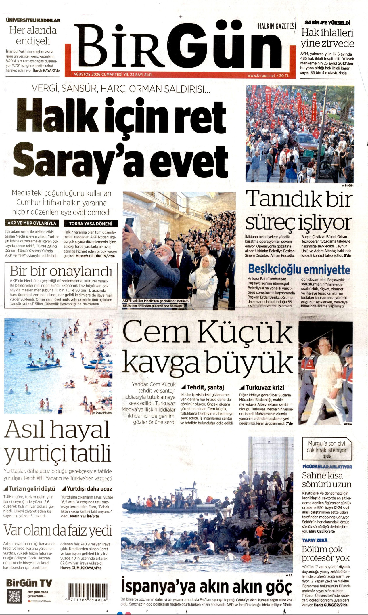 BİRGÜN gazetesinin 1 Ağustos 2026 tarihli birinci sayfası