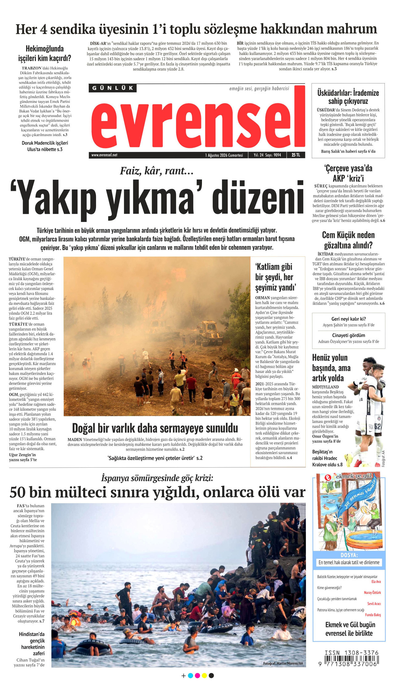 EVRENSEL gazetesinin 1 Ağustos 2026 tarihli birinci sayfası