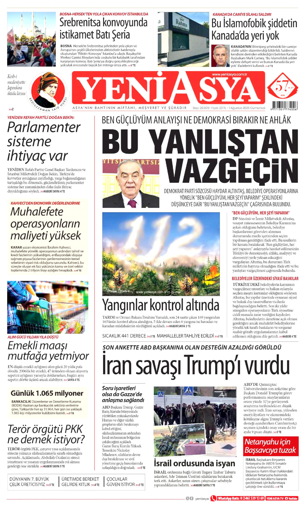 YENİ ASYA gazetesinin 1 Ağustos 2026 tarihli birinci sayfası