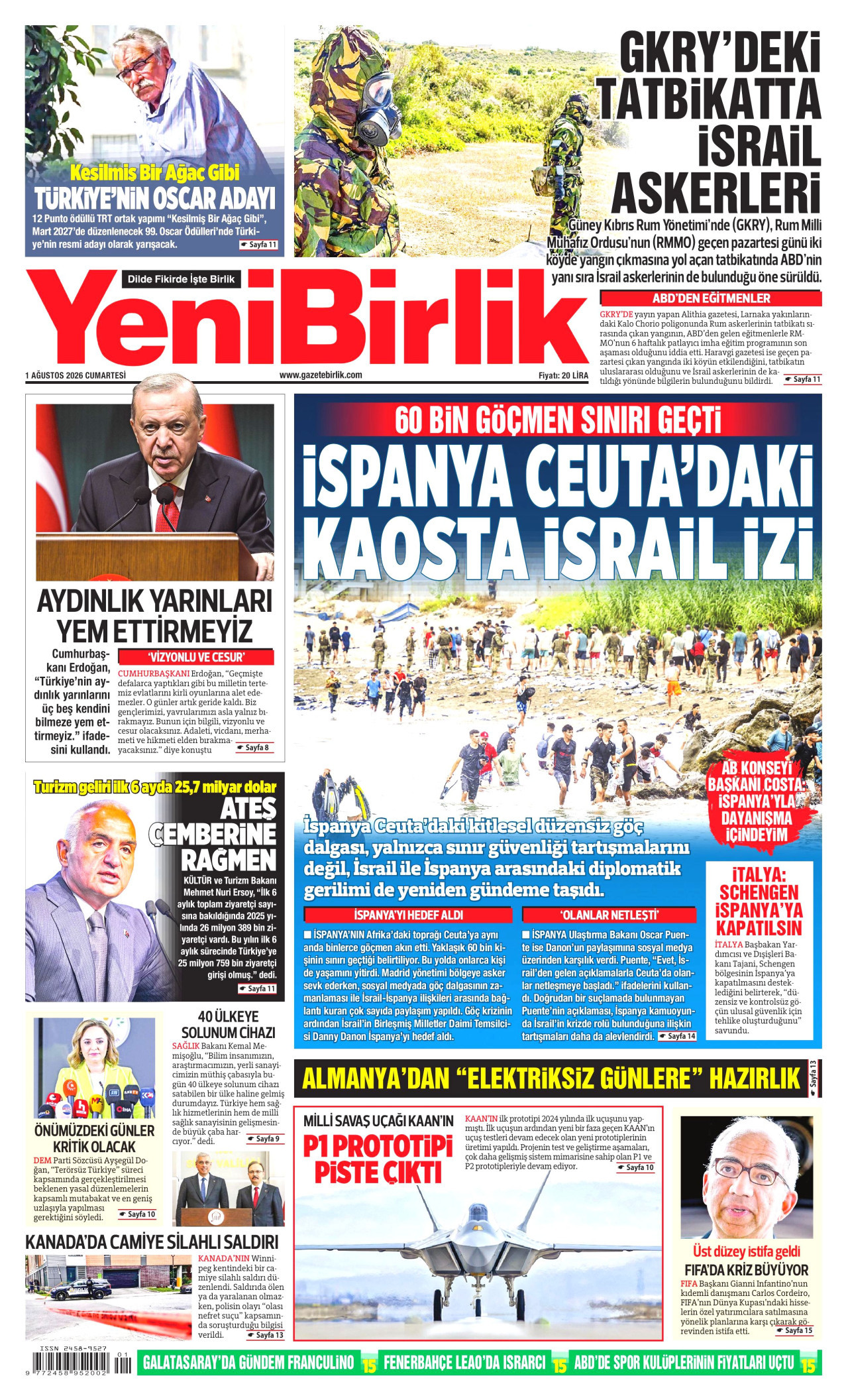 YENİBİRLİK gazetesinin 1 Ağustos 2026 tarihli birinci sayfası
