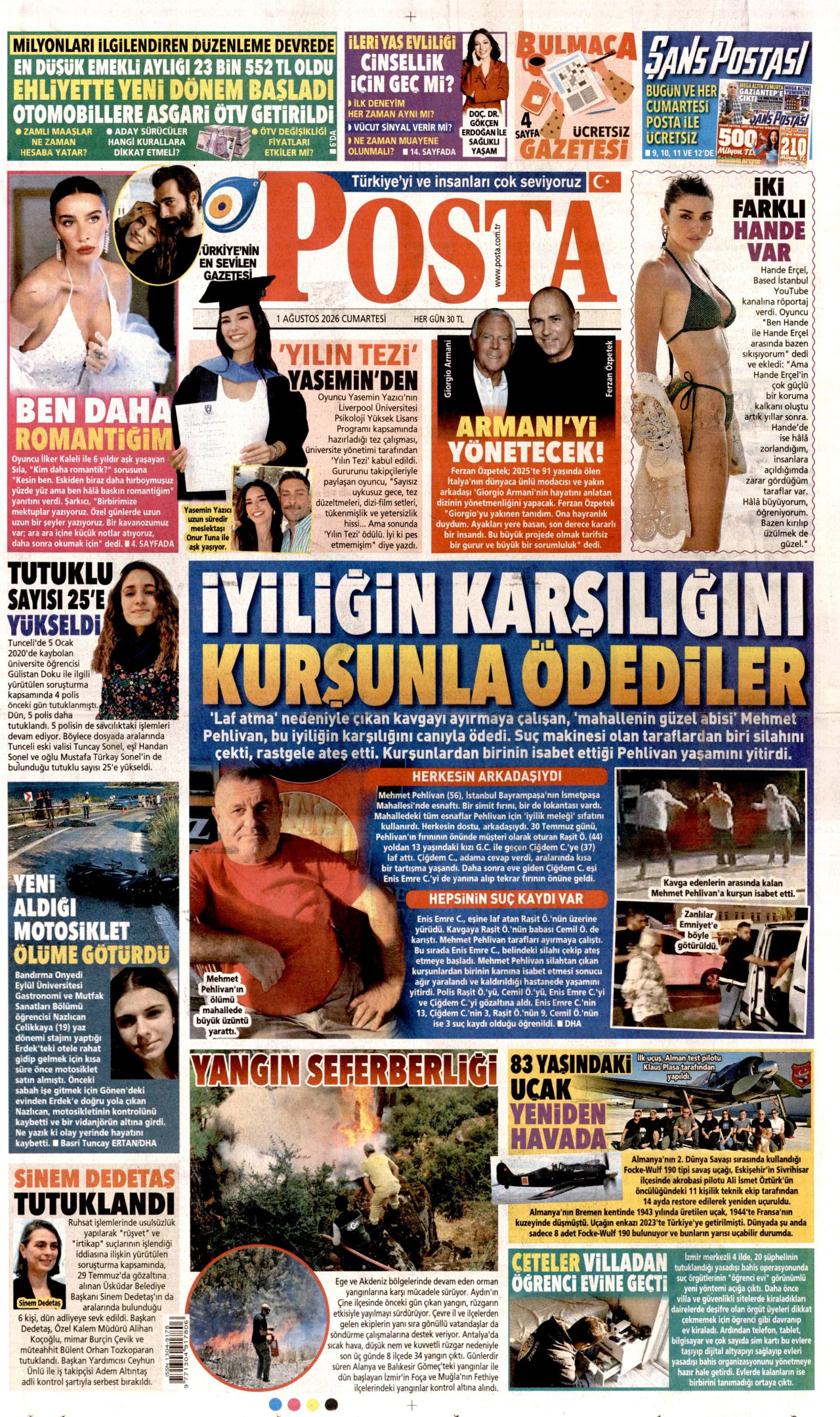 POSTA gazetesinin 1 Ağustos 2026 tarihli birinci sayfası