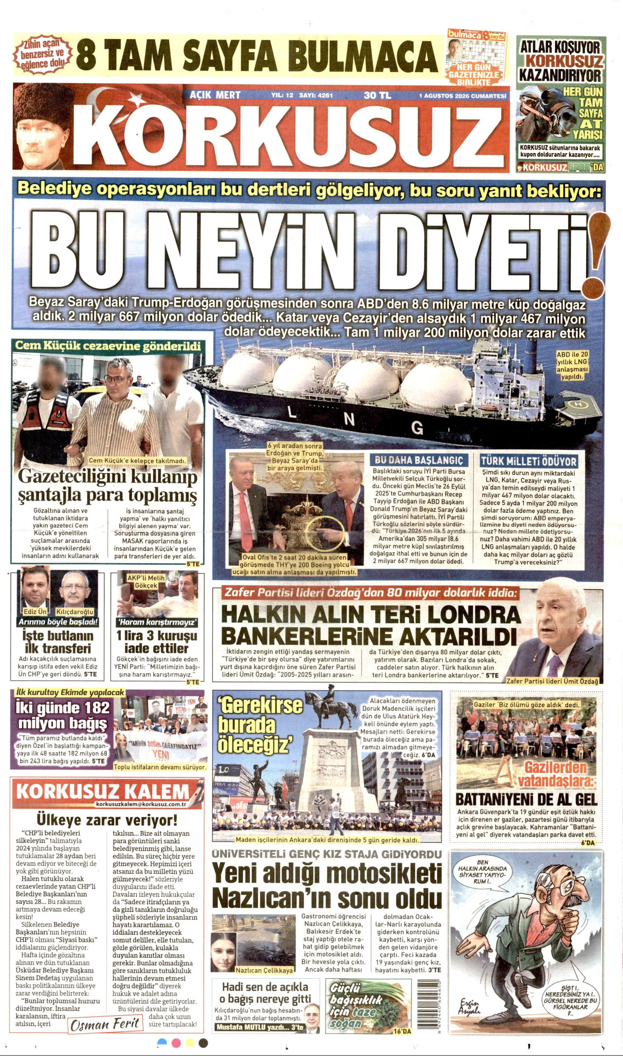 KORKUSUZ gazetesinin 1 Ağustos 2026 tarihli birinci sayfası
