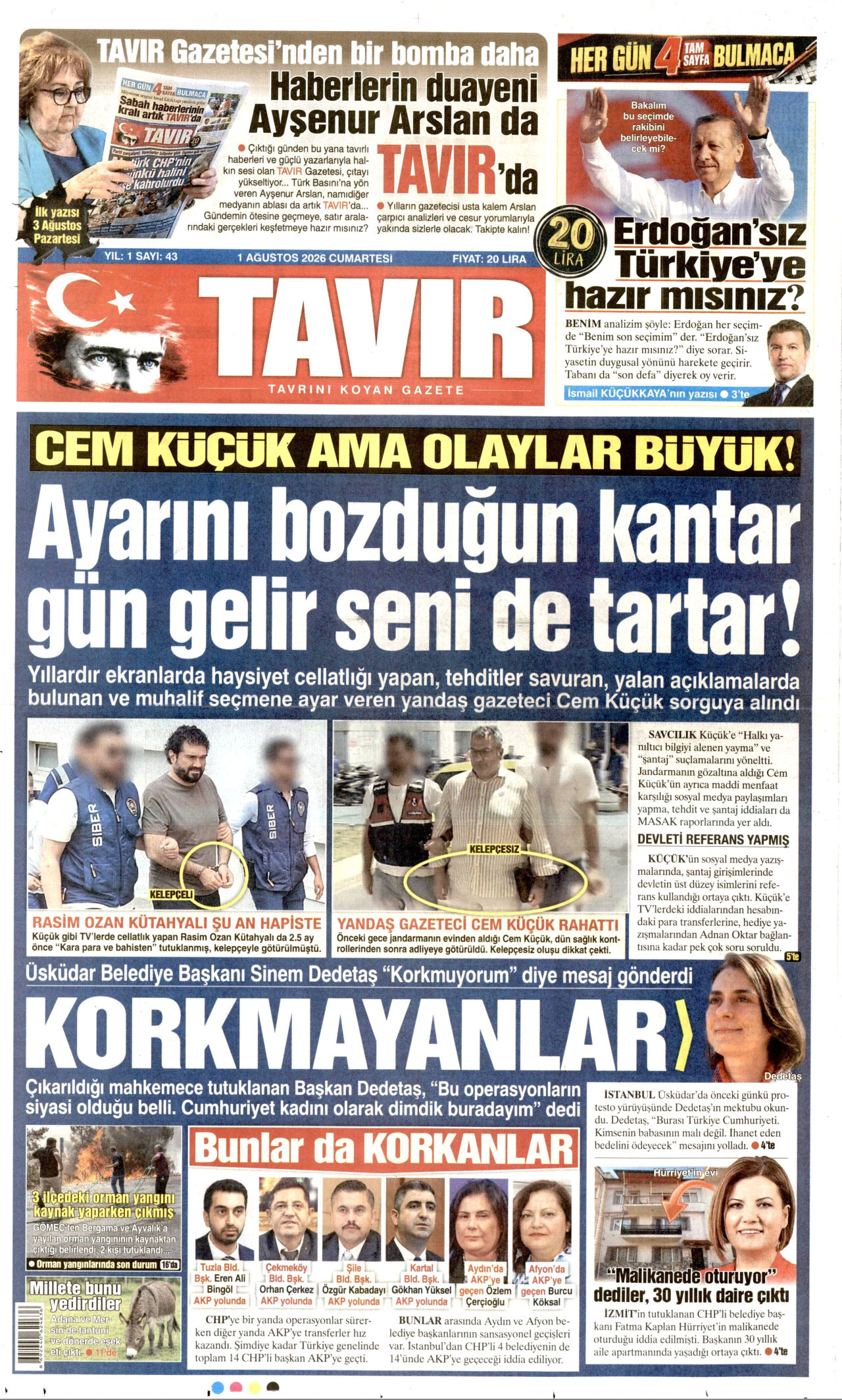 TAVIR GAZETESİ gazetesinin 1 Ağustos 2026 tarihli birinci sayfası