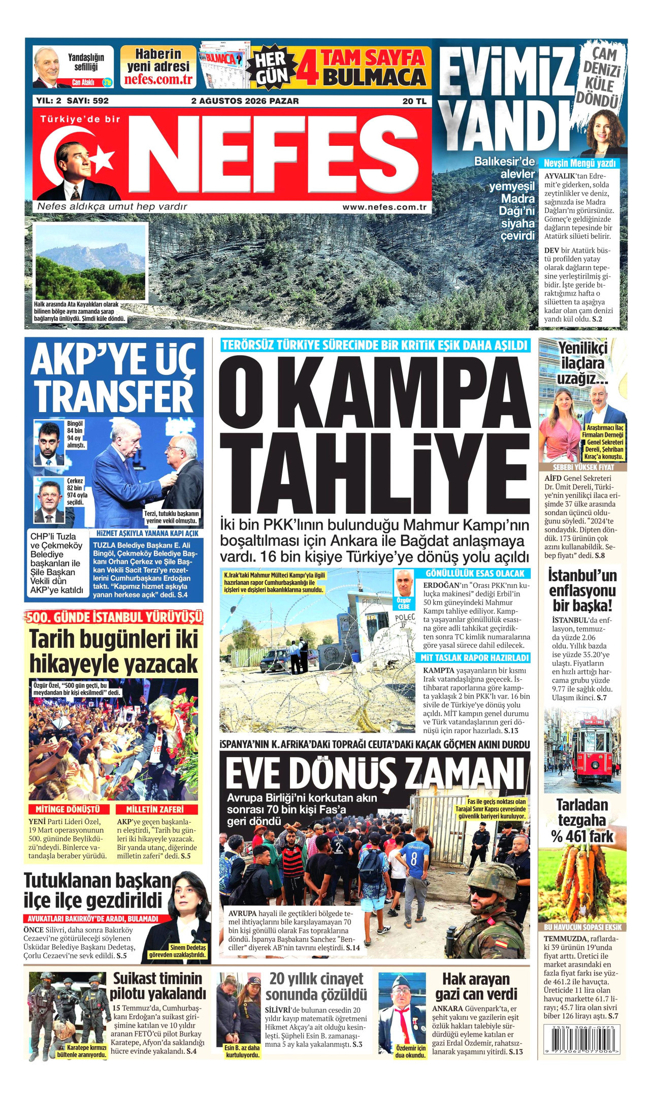 NEFES gazetesinin 2 Ağustos 2026 tarihli birinci sayfası