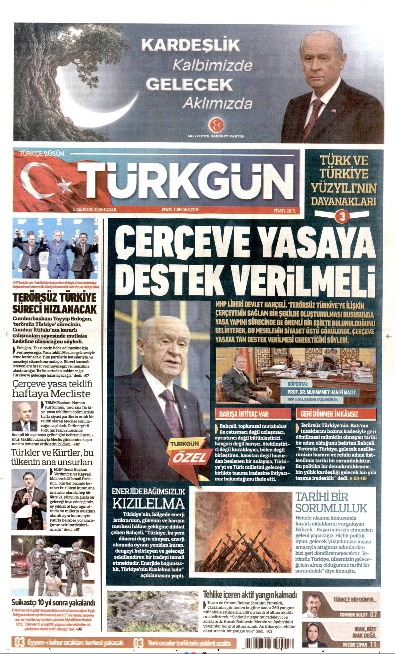 TÜRKGÜN gazetesinin 2 Ağustos 2026 tarihli birinci sayfası