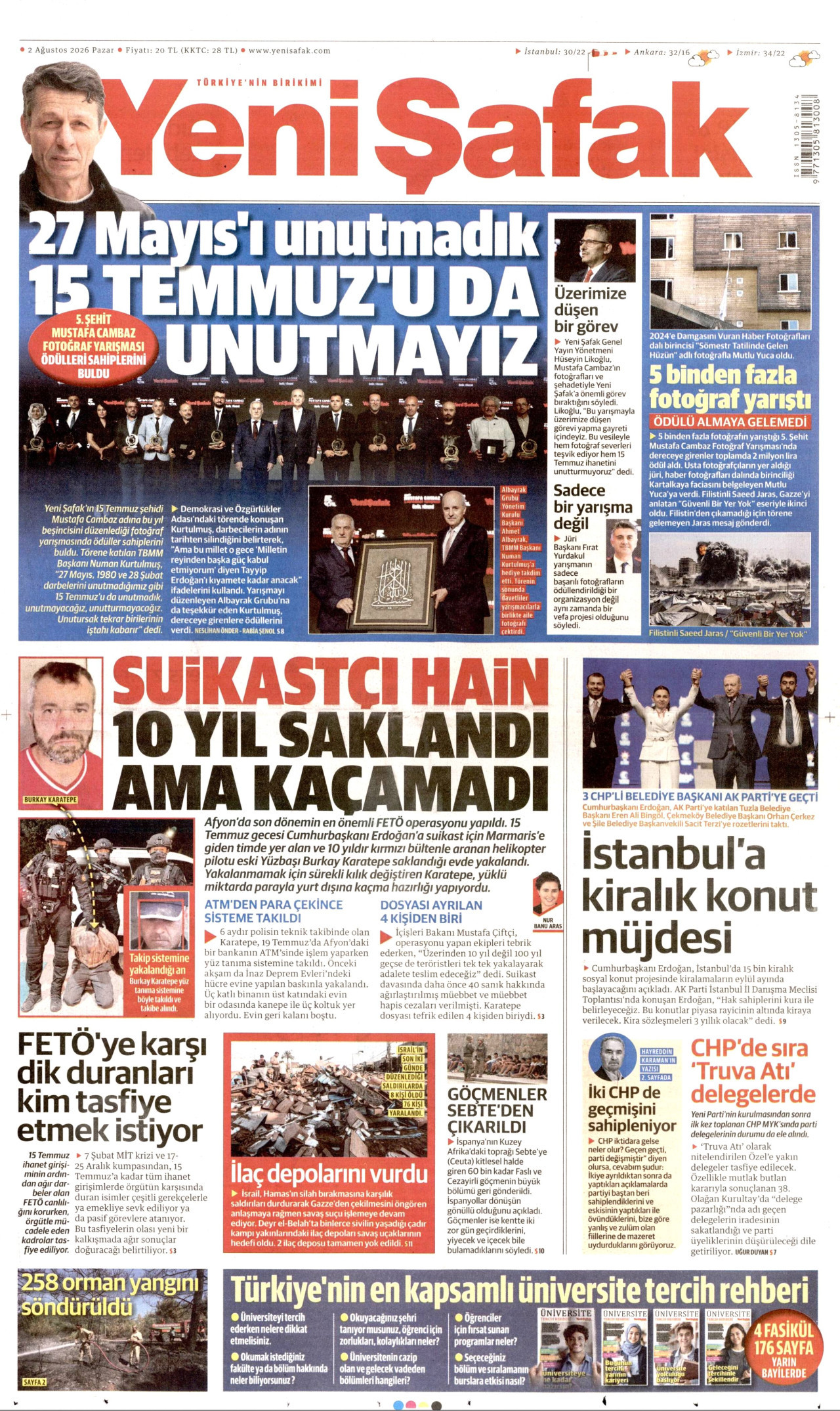 YENİ ŞAFAK gazetesinin 2 Ağustos 2026 tarihli birinci sayfası