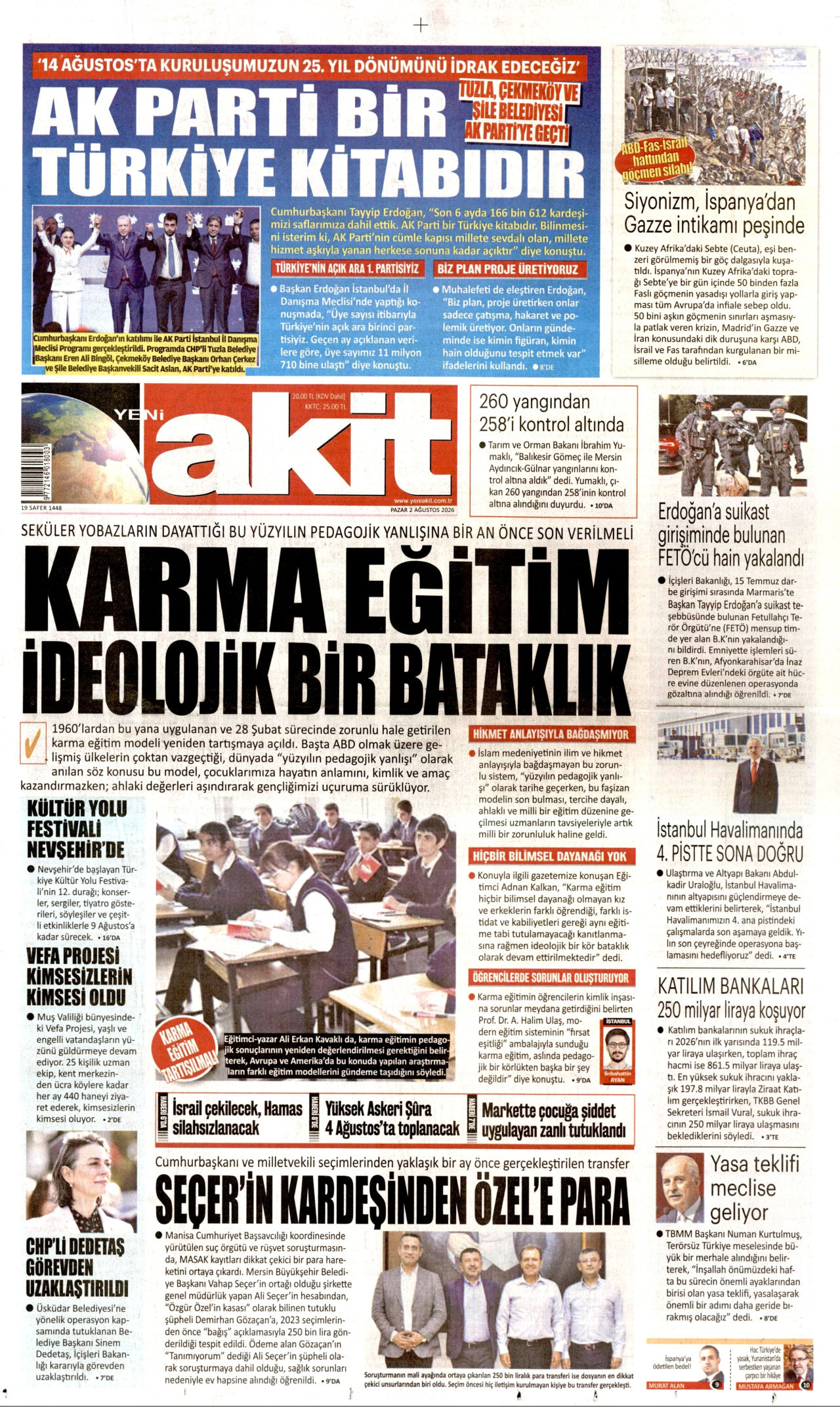 YENİ AKİT gazetesinin 2 Ağustos 2026 tarihli birinci sayfası