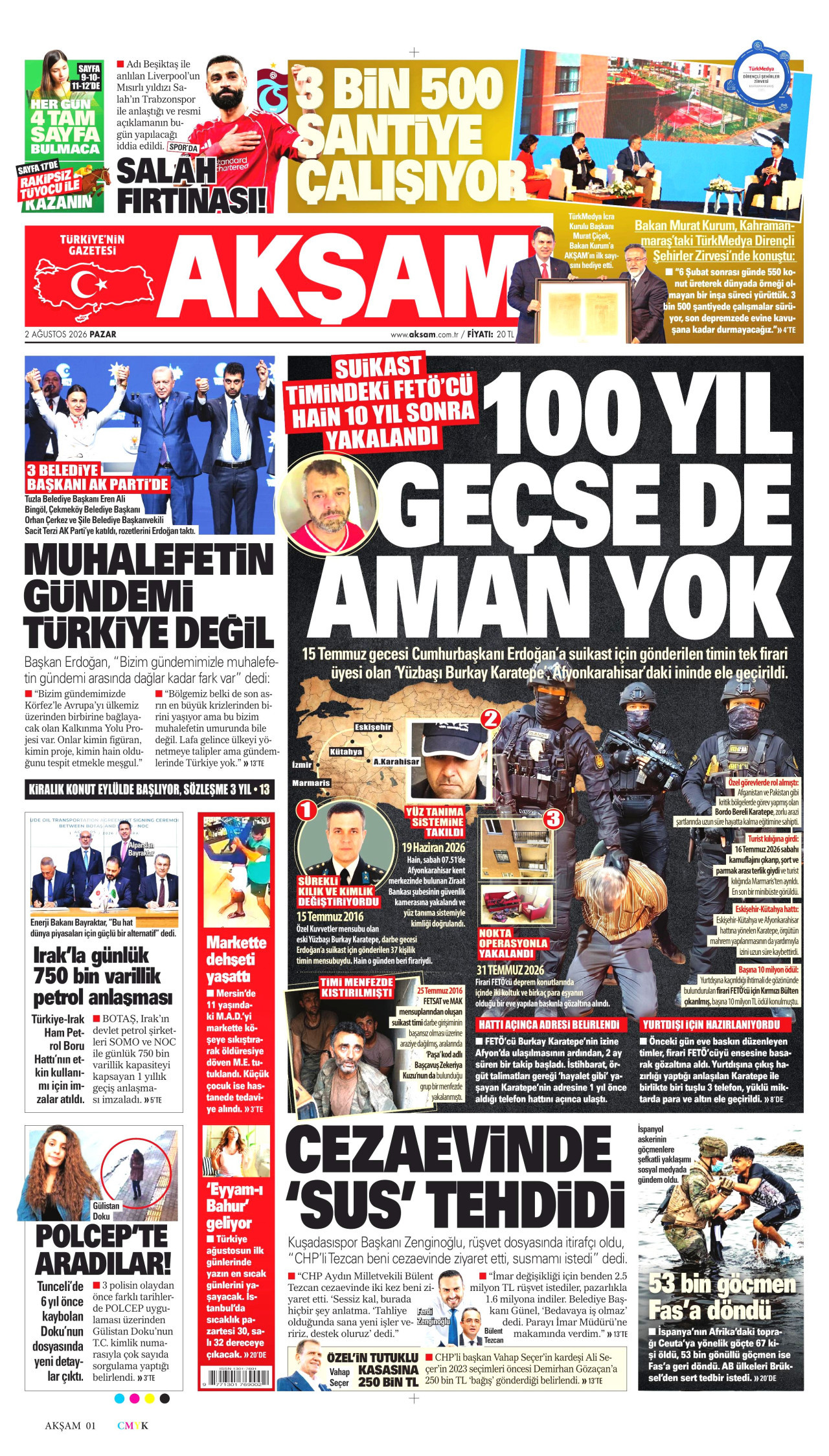 AKŞAM gazetesinin 2 Ağustos 2026 tarihli birinci sayfası