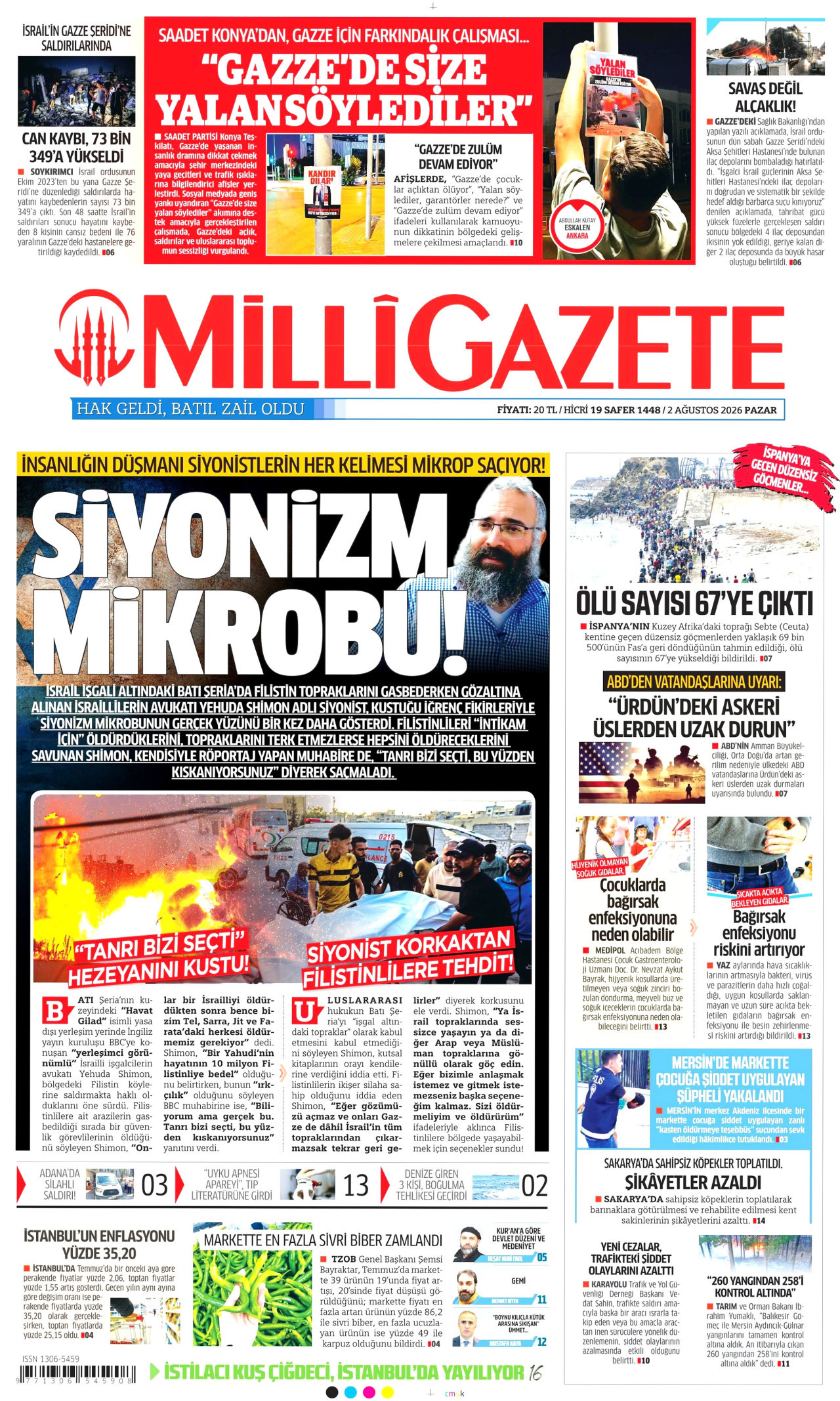 MİLLİ GAZETE gazetesinin 2 Ağustos 2026 tarihli birinci sayfası