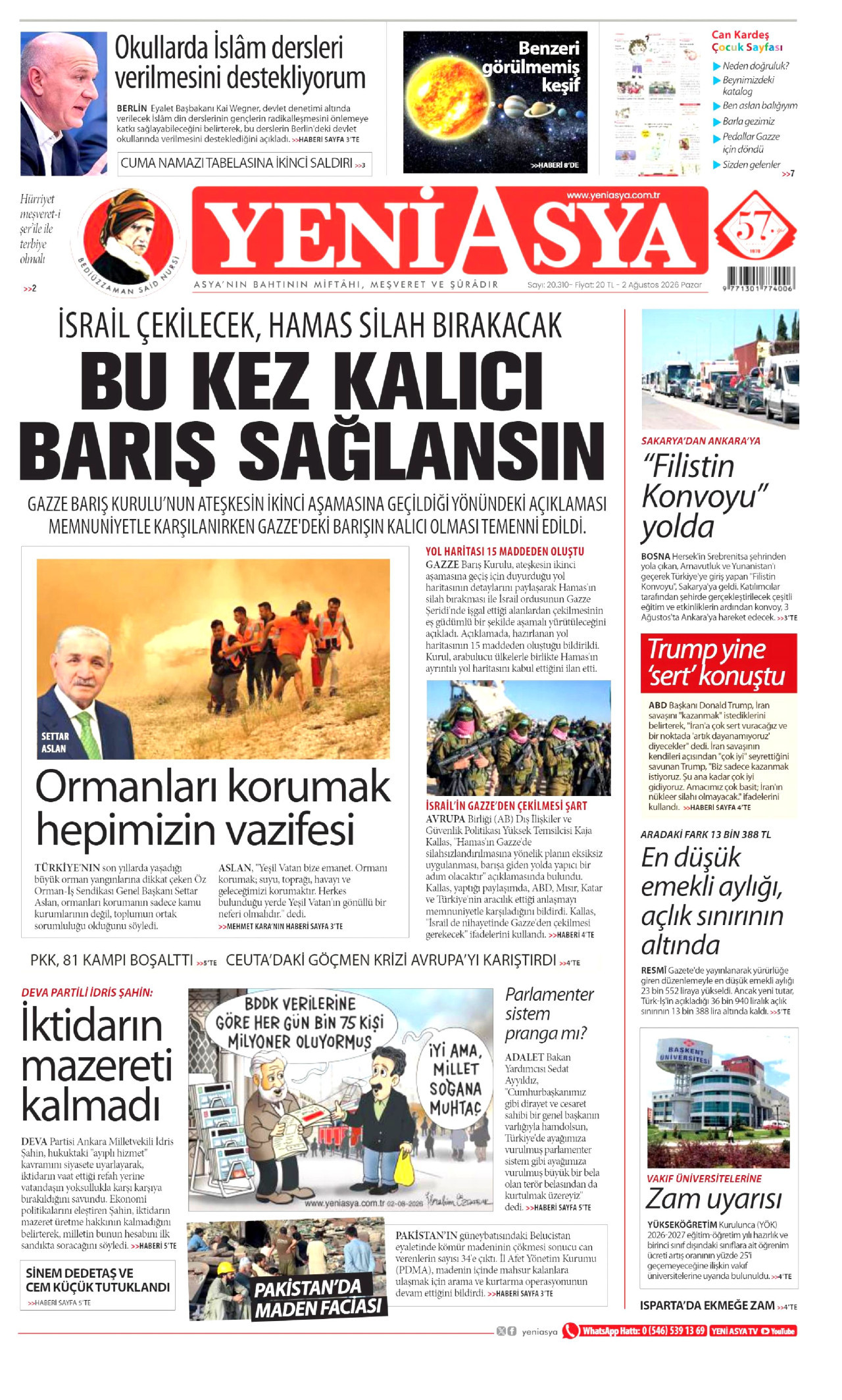 YENİ ASYA gazetesinin 2 Ağustos 2026 tarihli birinci sayfası