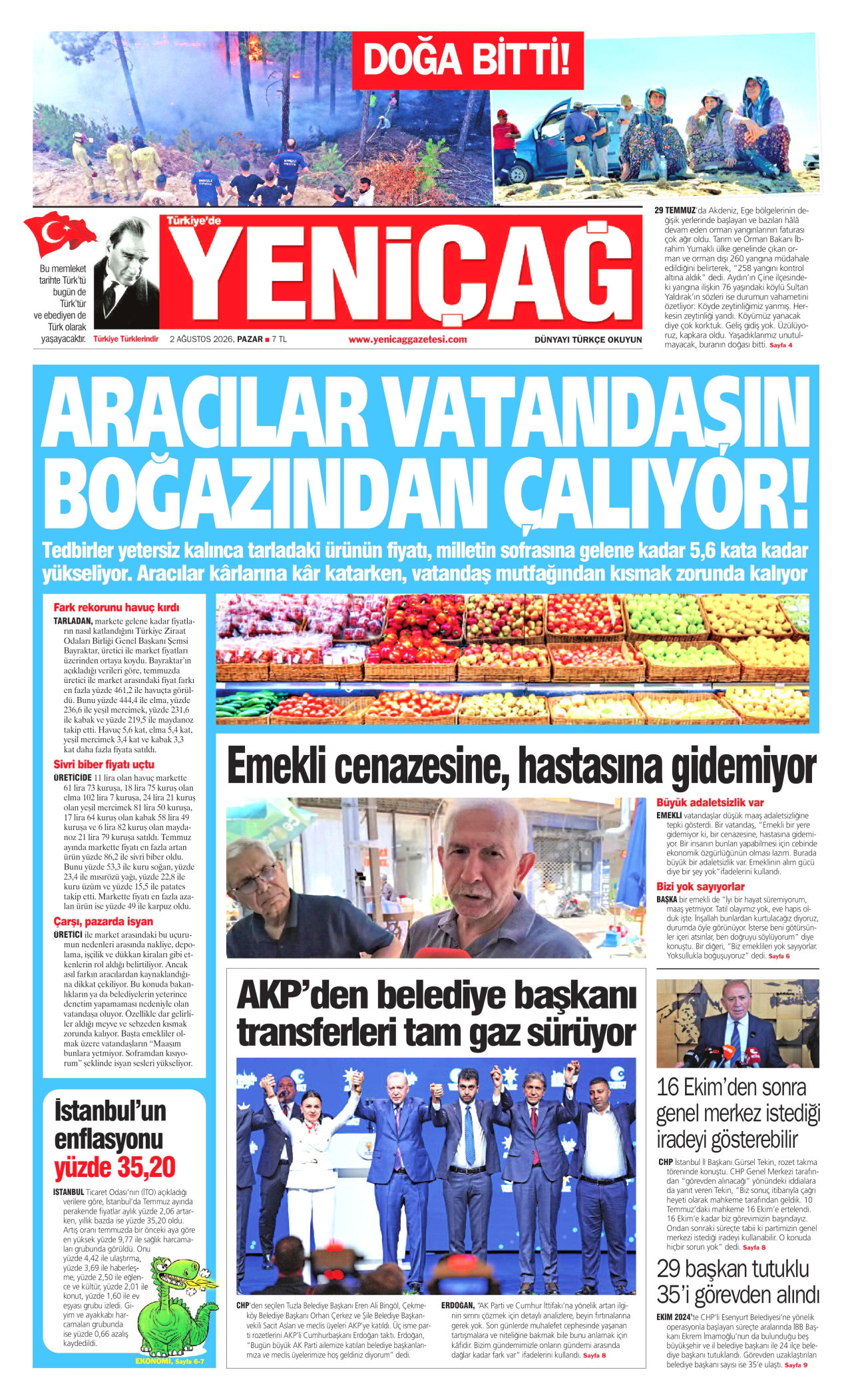 YENİÇAĞ gazetesinin 2 Ağustos 2026 tarihli birinci sayfası