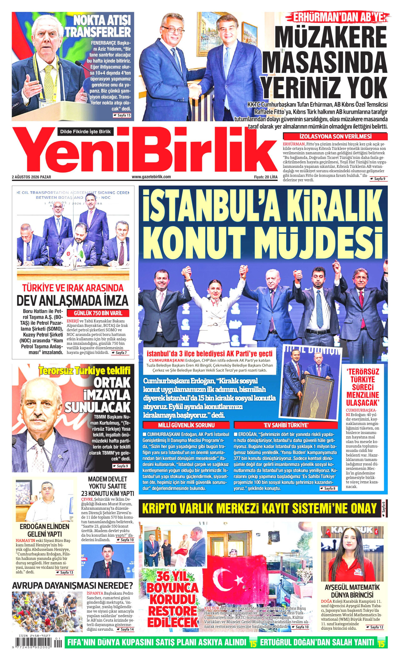 YENİBİRLİK gazetesinin 2 Ağustos 2026 tarihli birinci sayfası
