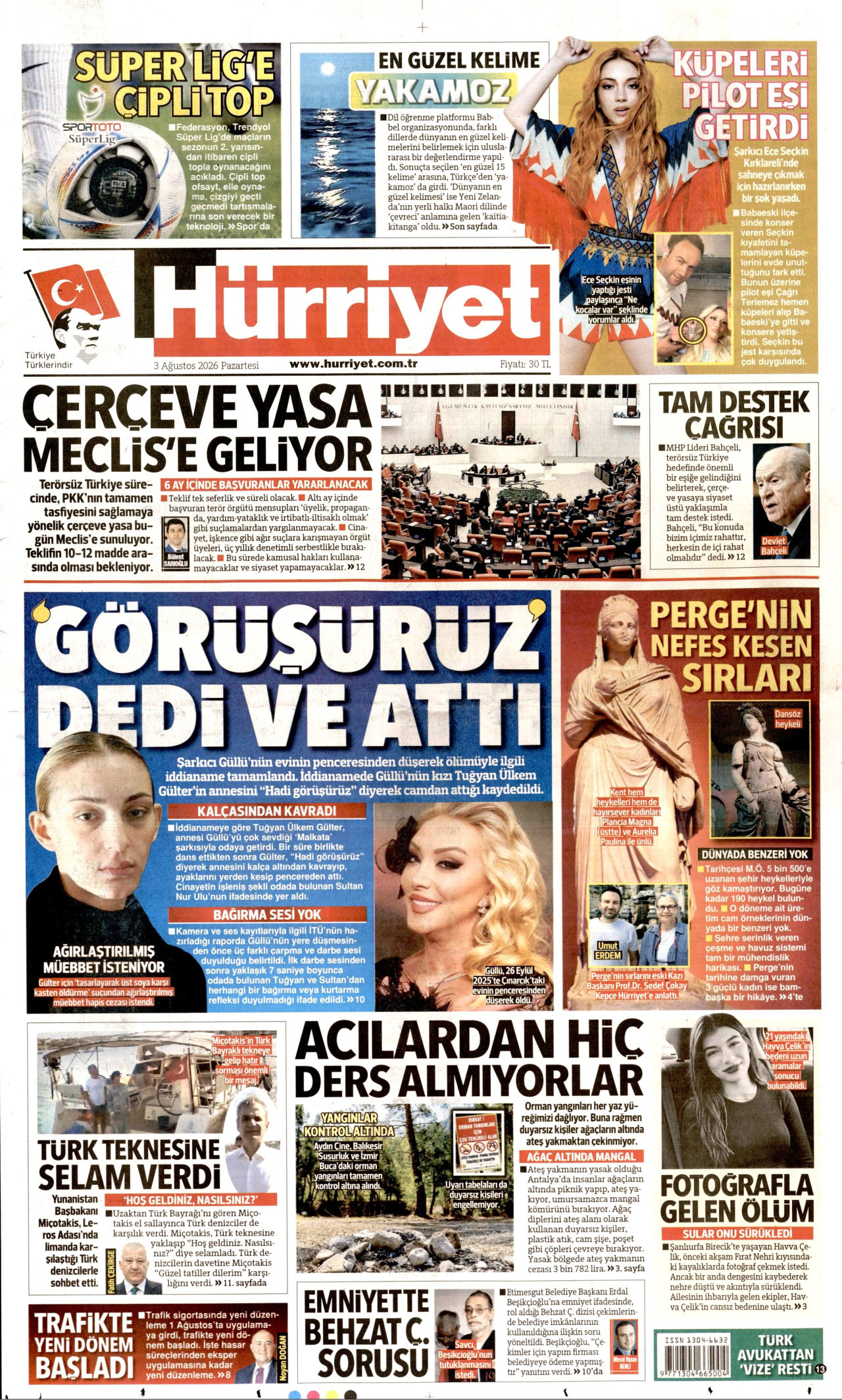 HÜRRİYET gazetesinin 3 Ağustos 2026 tarihli birinci sayfası