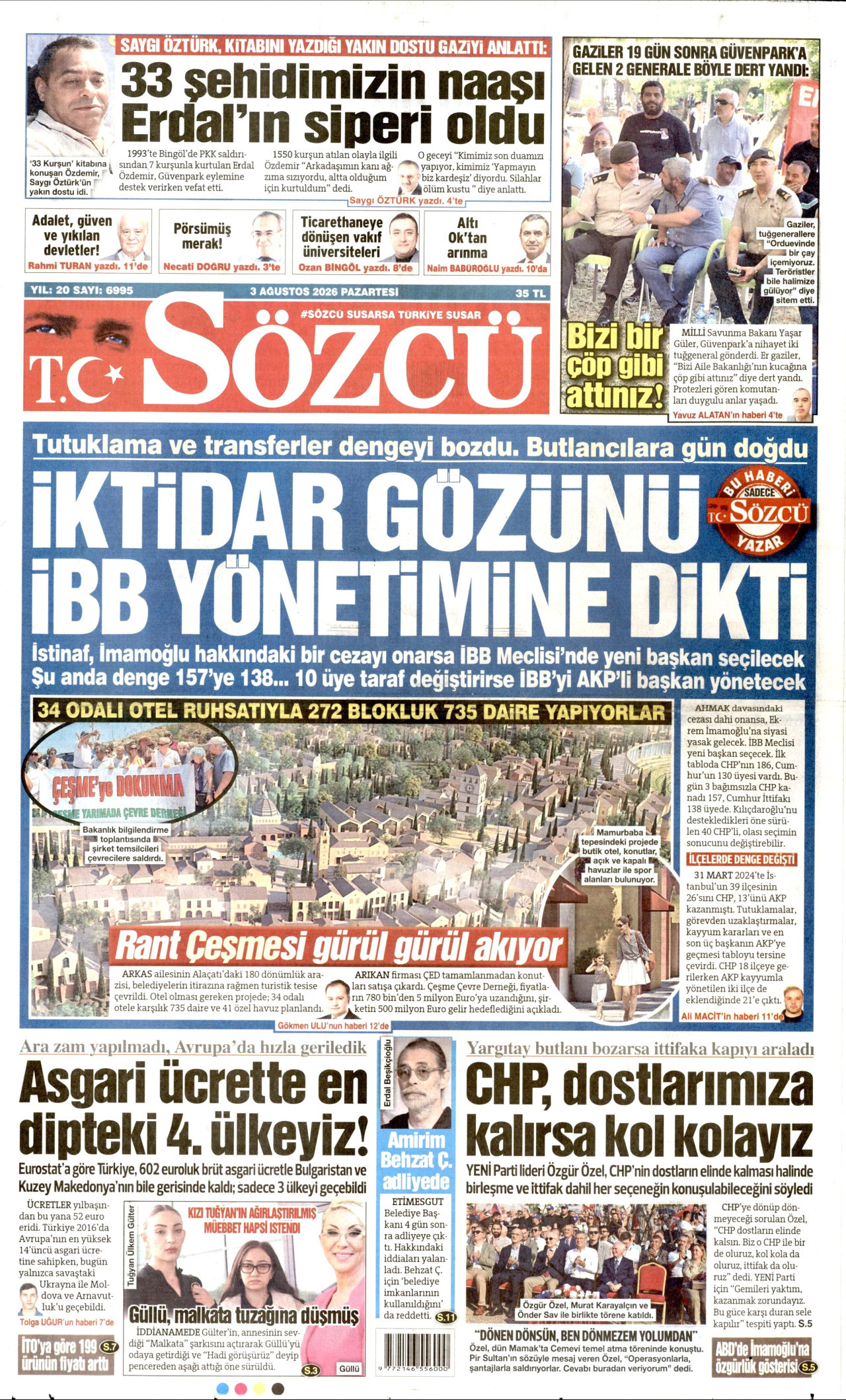 SÖZCÜ gazetesinin 3 Ağustos 2026 tarihli birinci sayfası