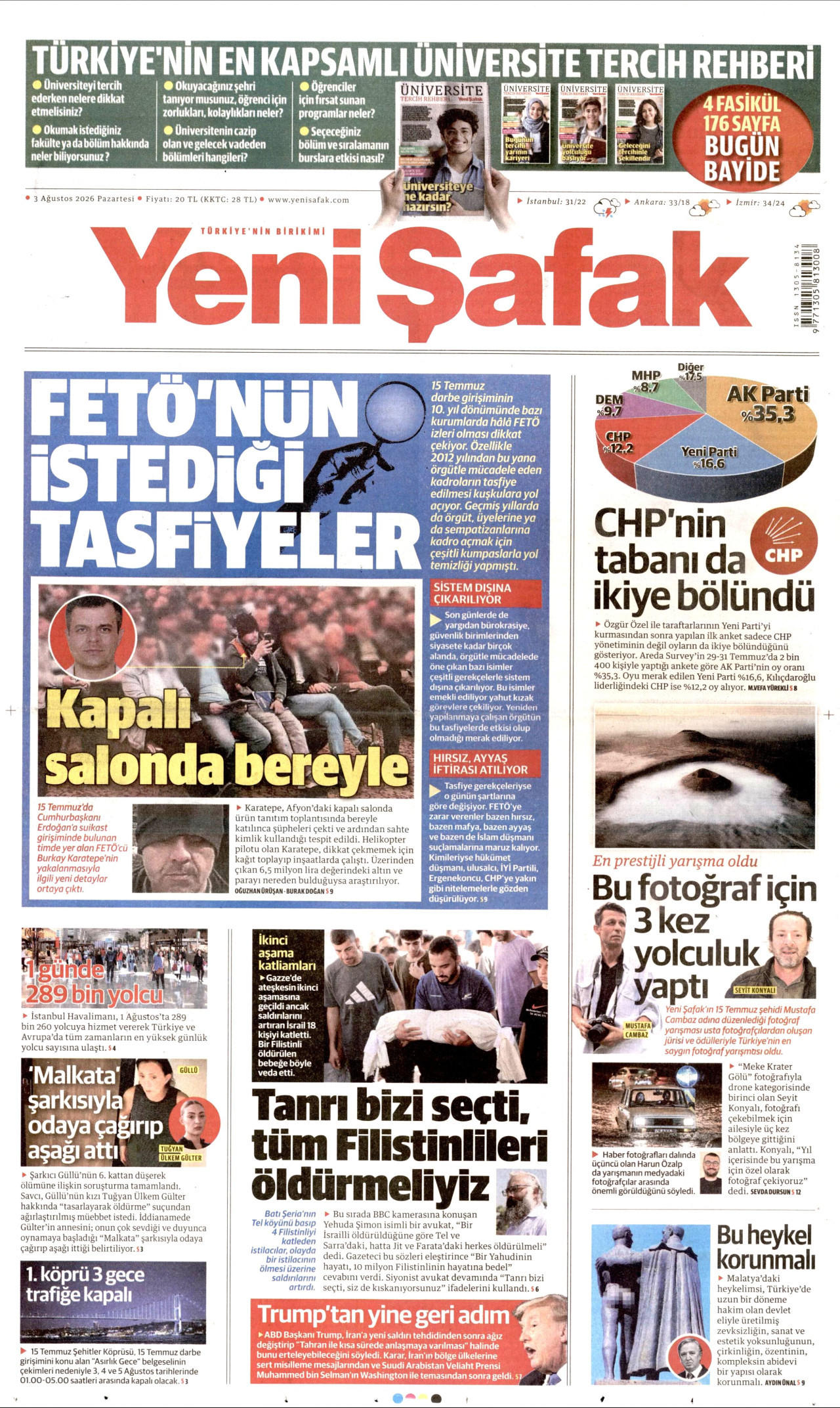 YENİ ŞAFAK gazetesinin 3 Ağustos 2026 tarihli birinci sayfası