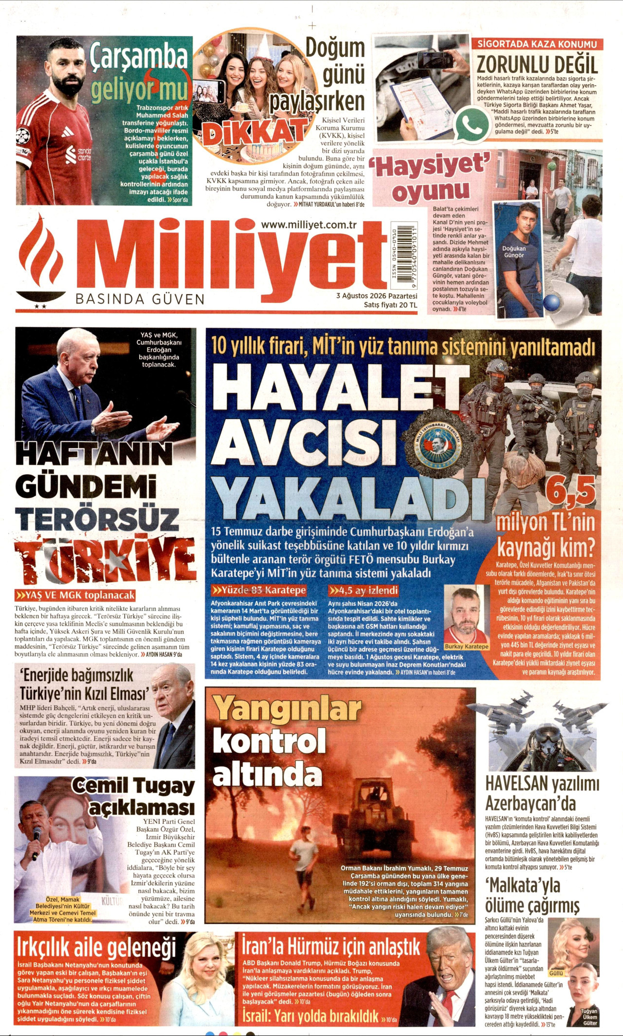 MİLLİYET gazetesinin 3 Ağustos 2026 tarihli birinci sayfası
