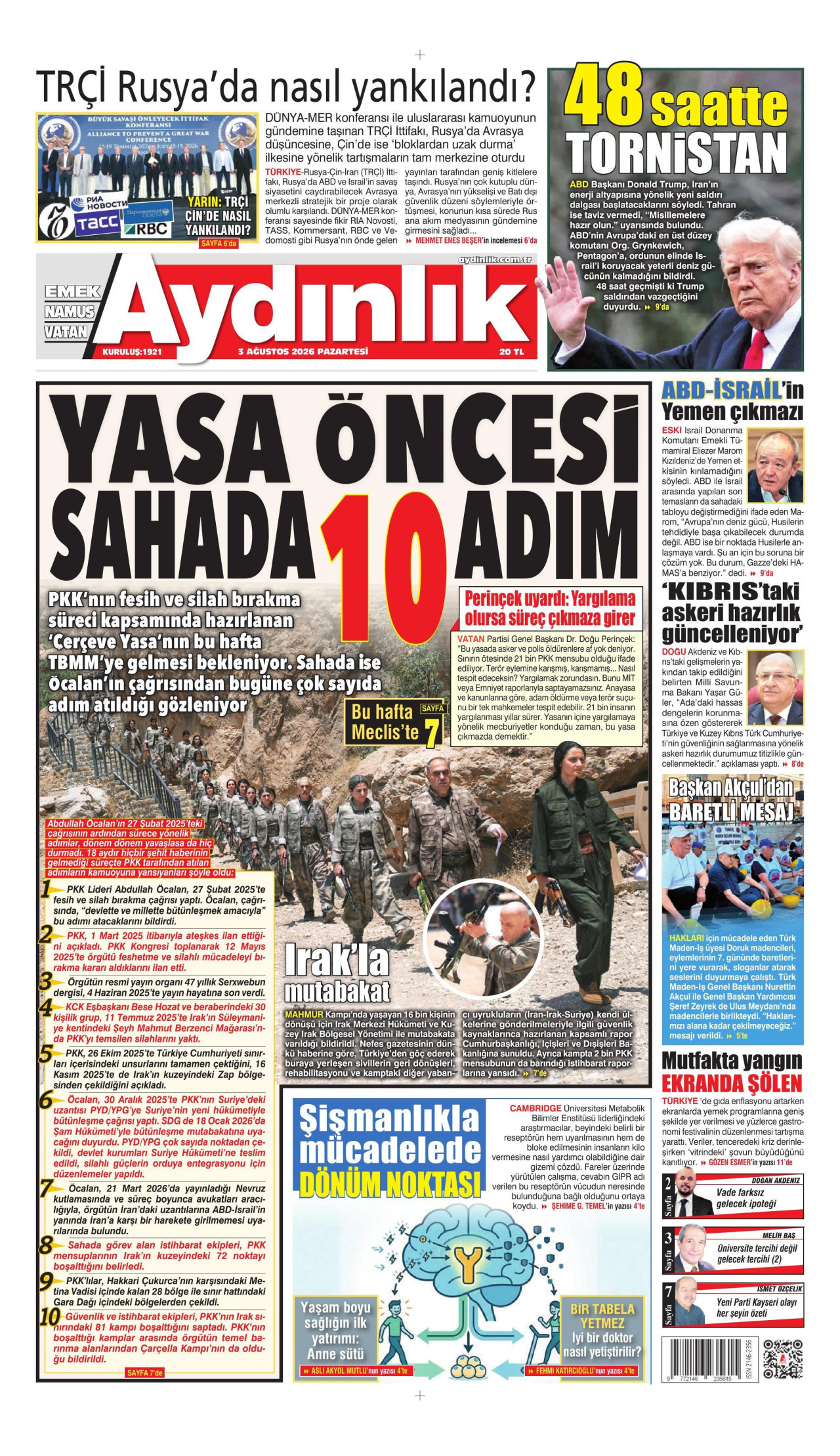 AYDINLIK GAZETESİ gazetesinin 3 Ağustos 2026 tarihli birinci sayfası
