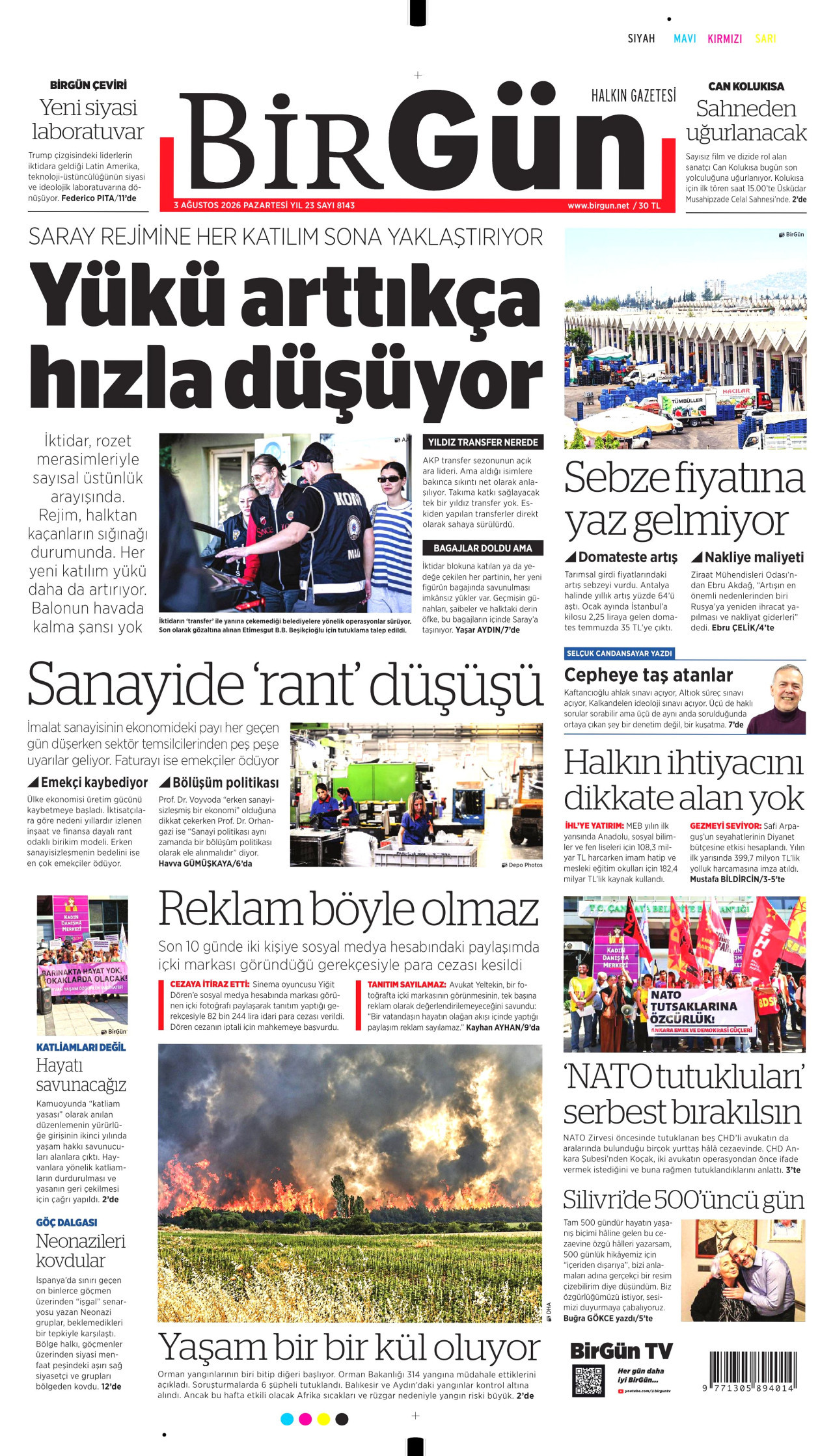 BİRGÜN gazetesinin 3 Ağustos 2026 tarihli birinci sayfası